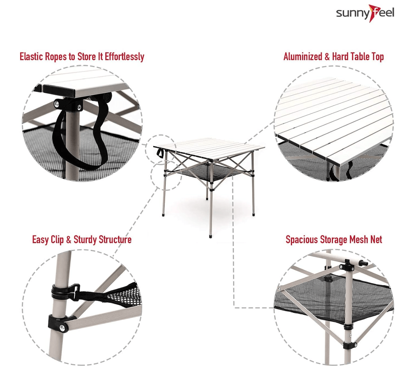 Collapsible table with features highlighted on a white background