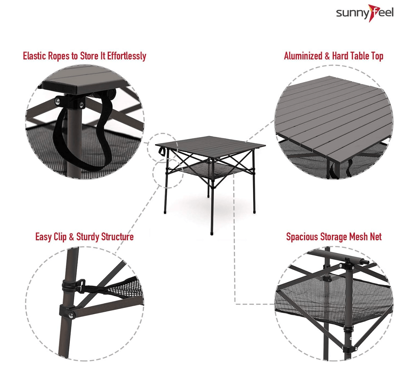 Folding table with features highlighted on a white background