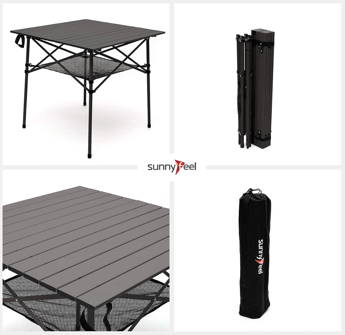 Collapsible camping table with carrying bag on a white background, featuring the Sunnyfeel brand.
