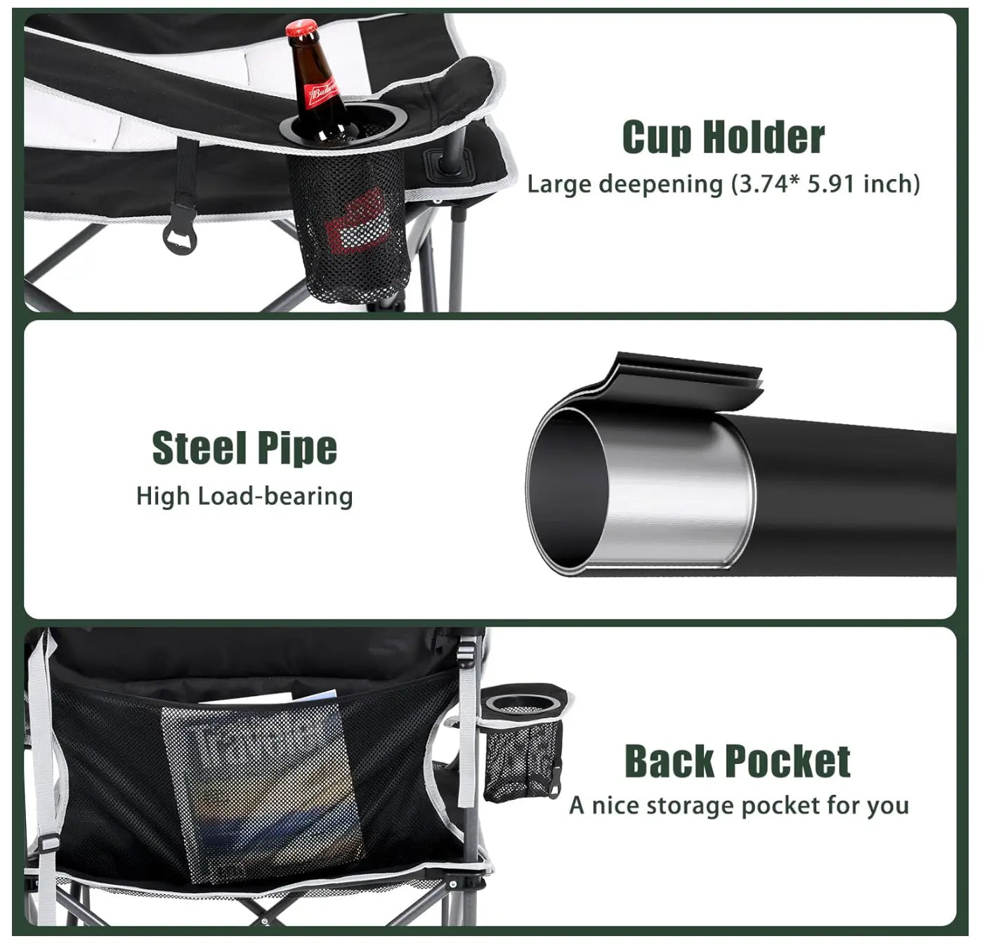 Camping chair with cup holder, steel pipe, and back pocket features.