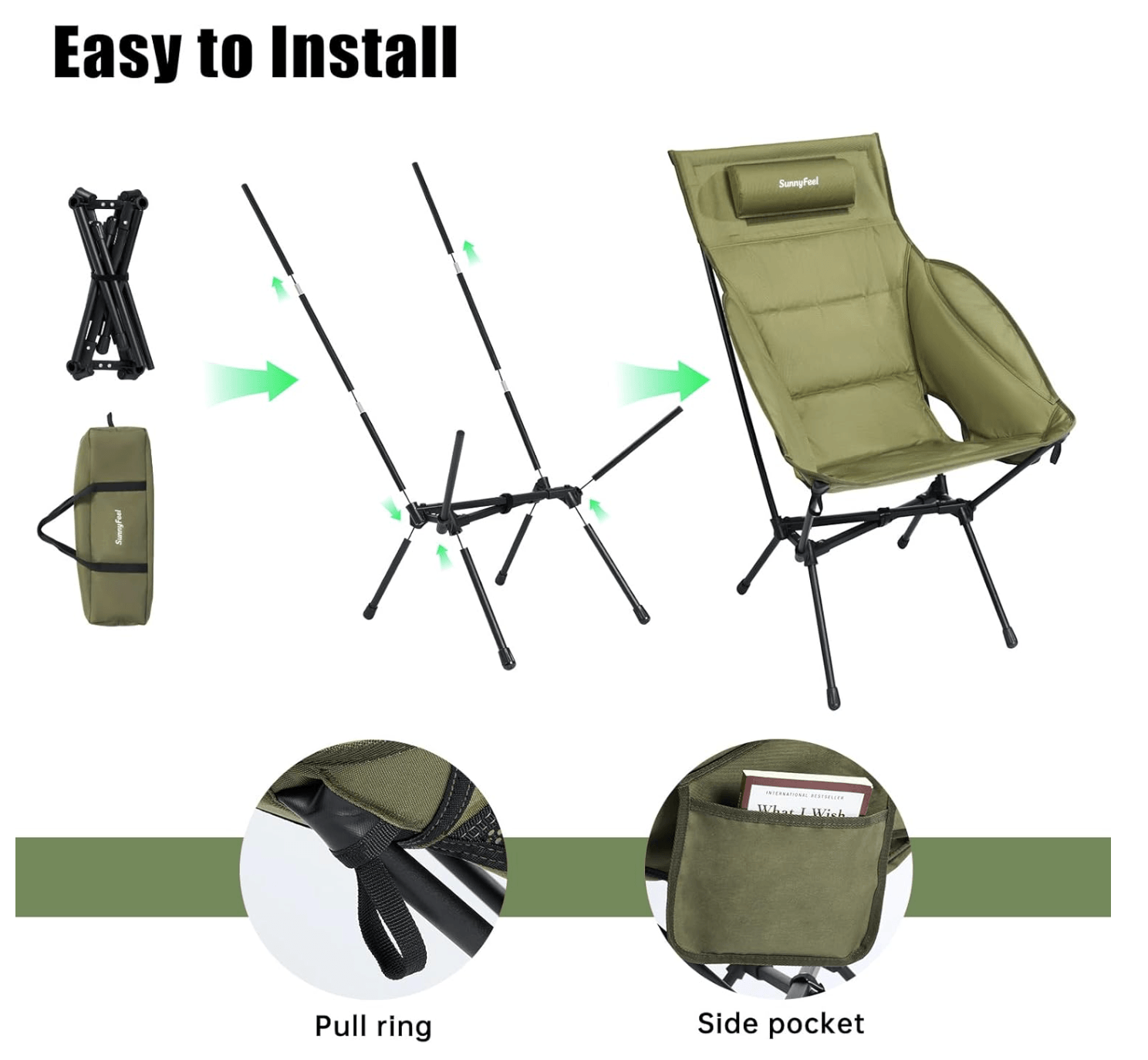Green camping chair with assembly instructions and features on a white background