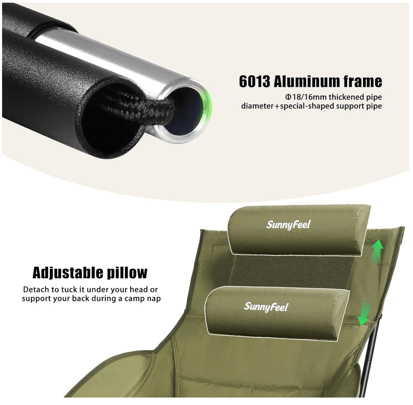 Green camping chair with adjustable pillow and 6013 aluminum frame details on a white background