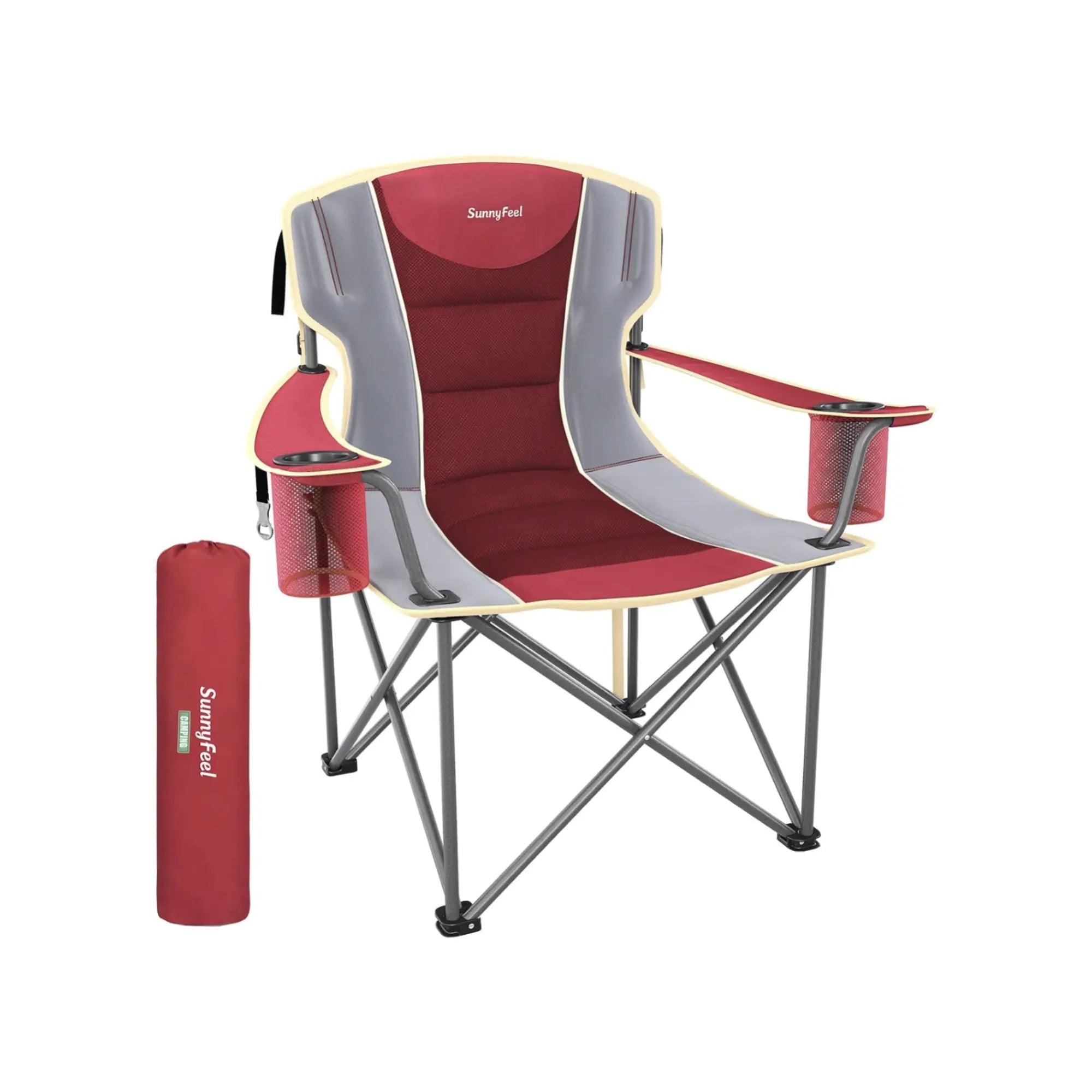 Red and gray camping chair with a carrying bag on a white background