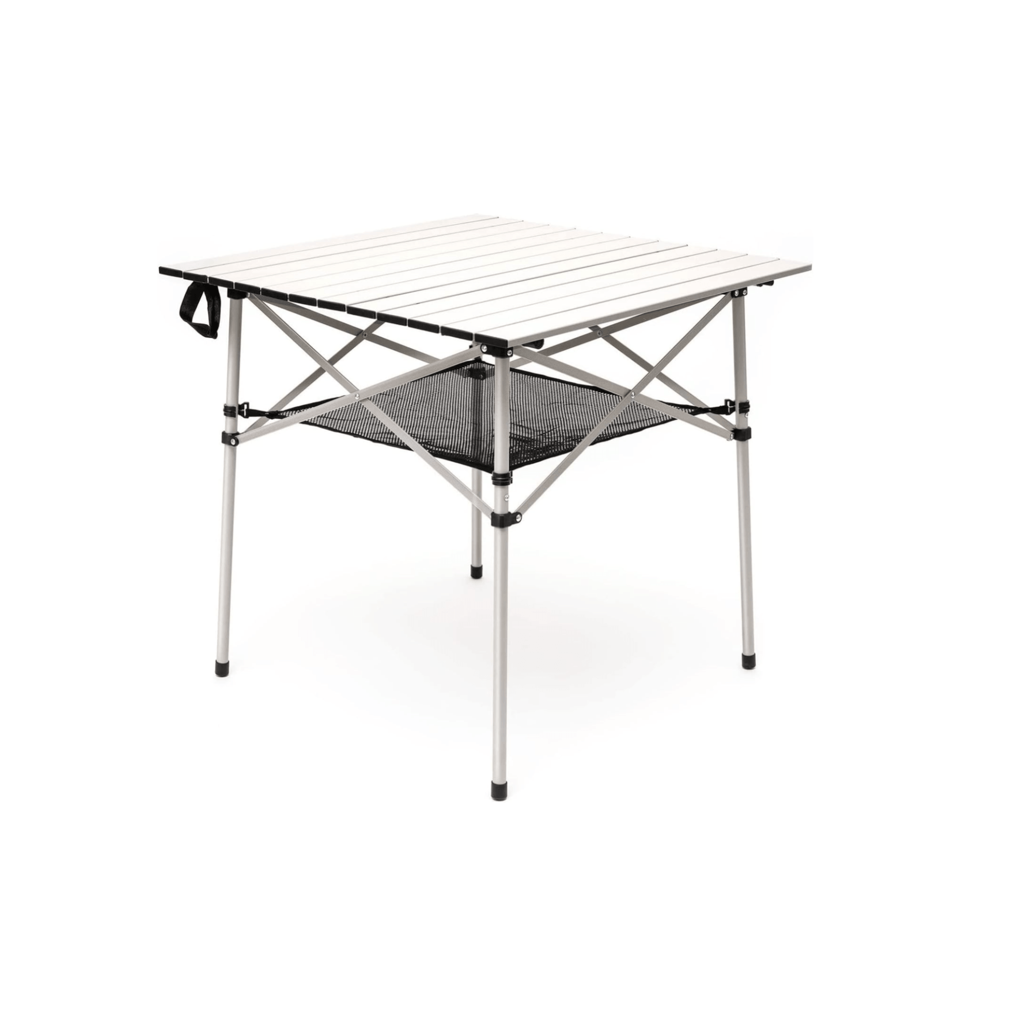 Portable camping table with aluminum frame and mesh surface on a white background