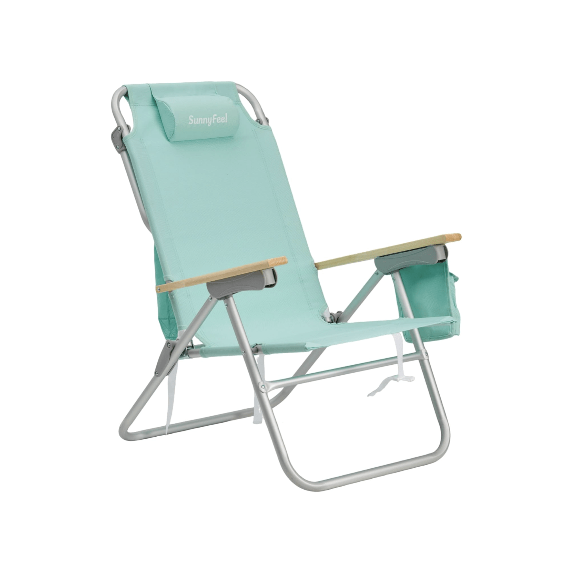Foldable beach chair with a light blue seat and gray frame on a white background