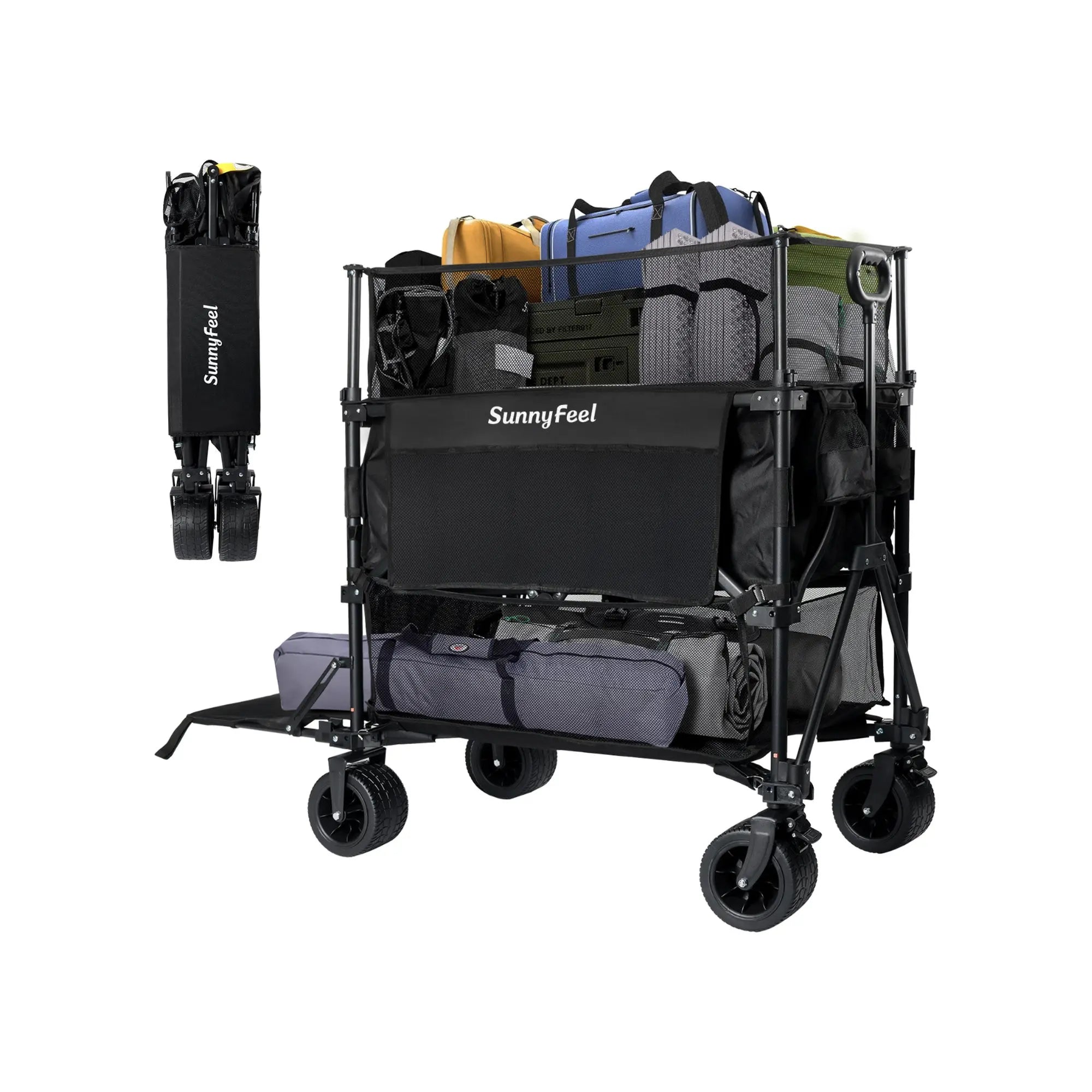 Black SunnyFeel folding cart with various items on a white background