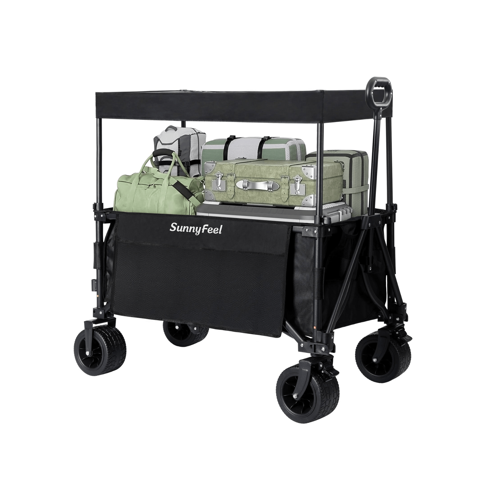 Black folding cart with green bags on a white background, branded 'SunnyFeel'.