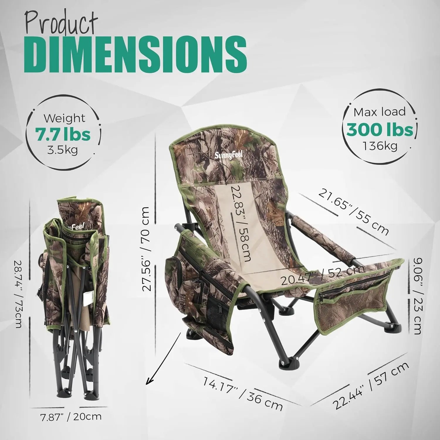 Product packaging with dimensions and features displayed