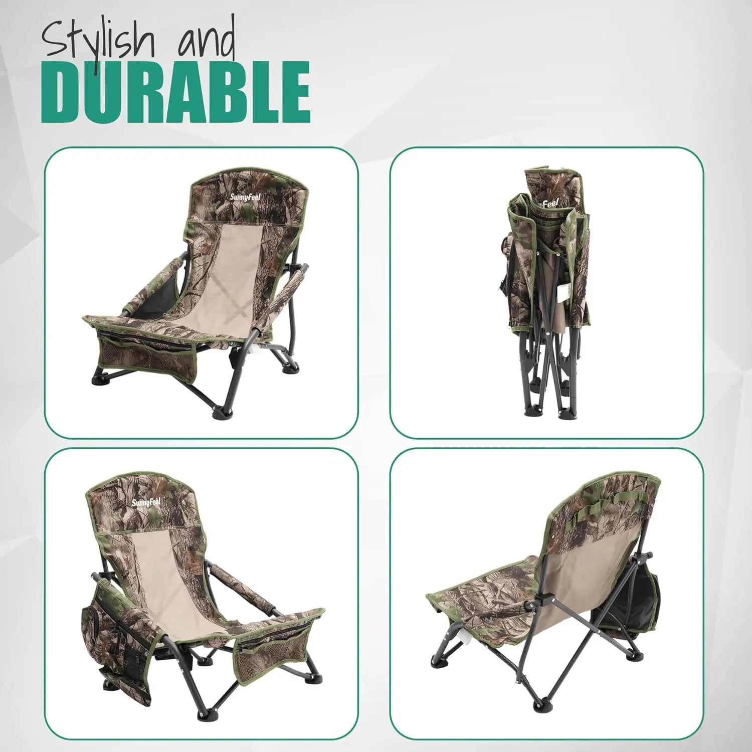 Camouflage folding chair with carrying bag on a gray background