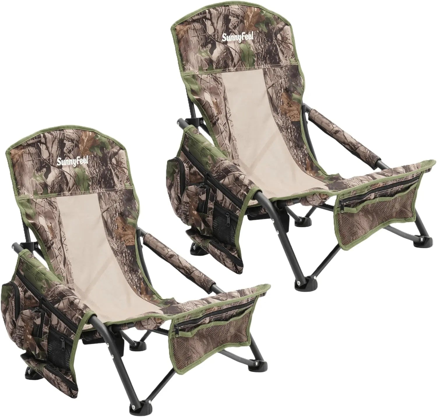 Two camouflage folding chairs with beige seats on a white background