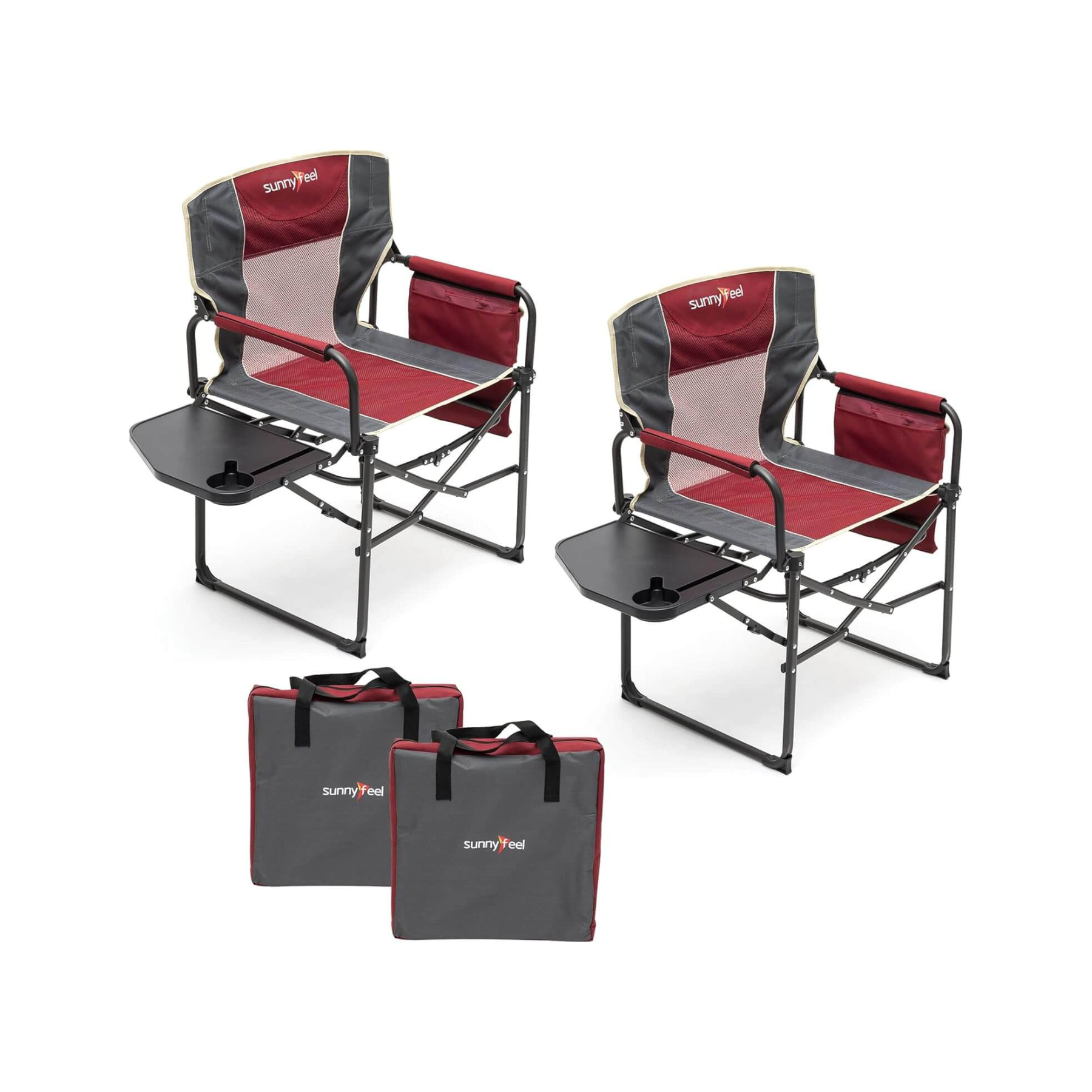 Two red and gray folding chairs with trays and two carrying bags on a white background.