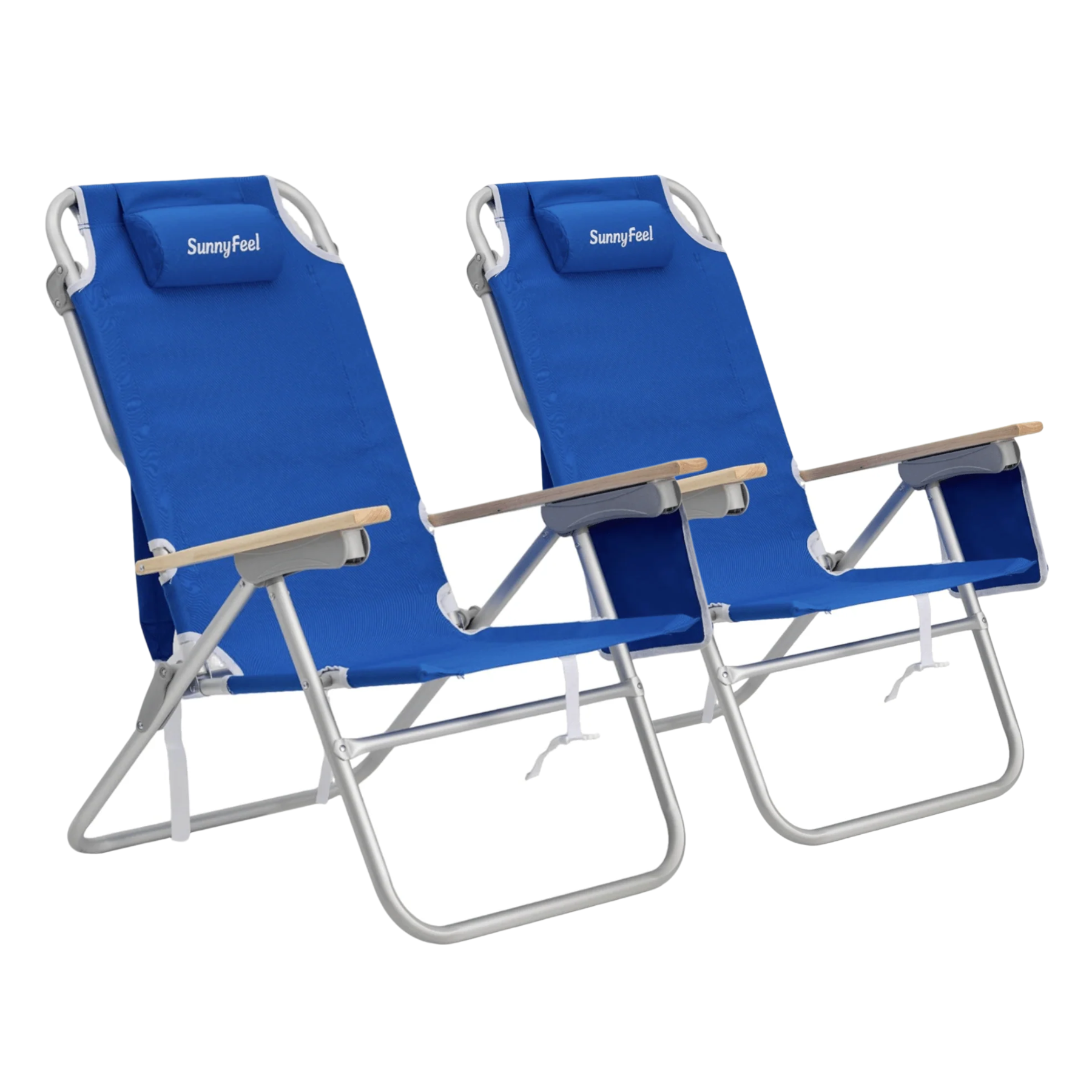 Two blue folding beach chairs with wooden armrests on a white background
