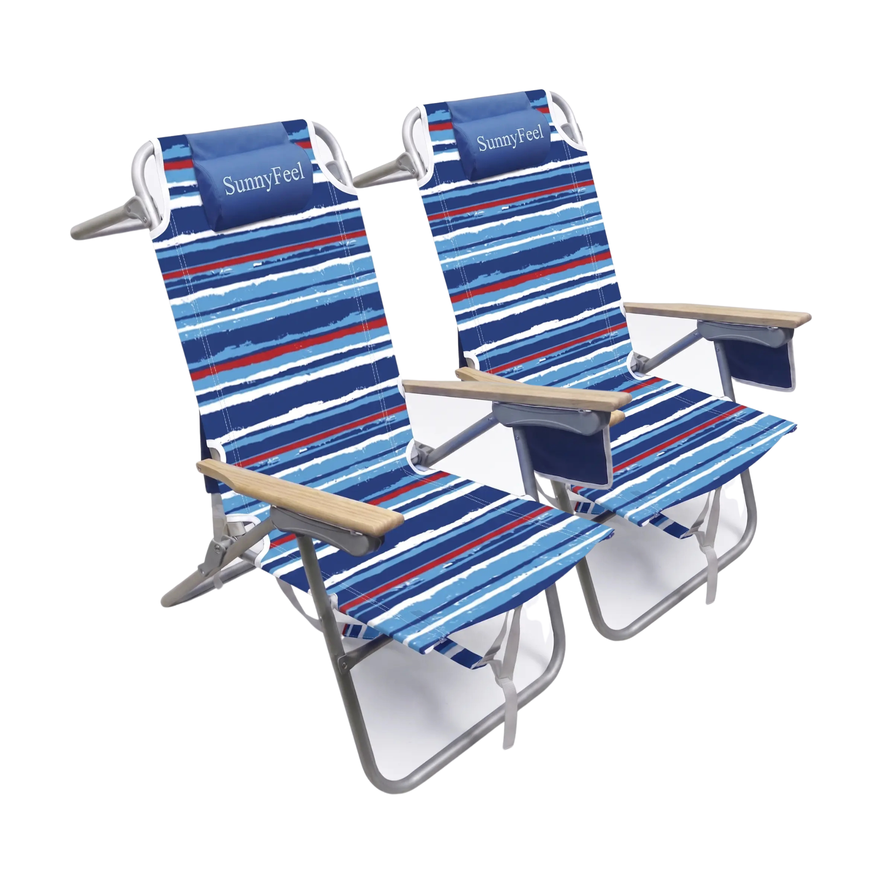 Two blue and red striped beach chairs with 'SunnyFeel' branding on a white background.