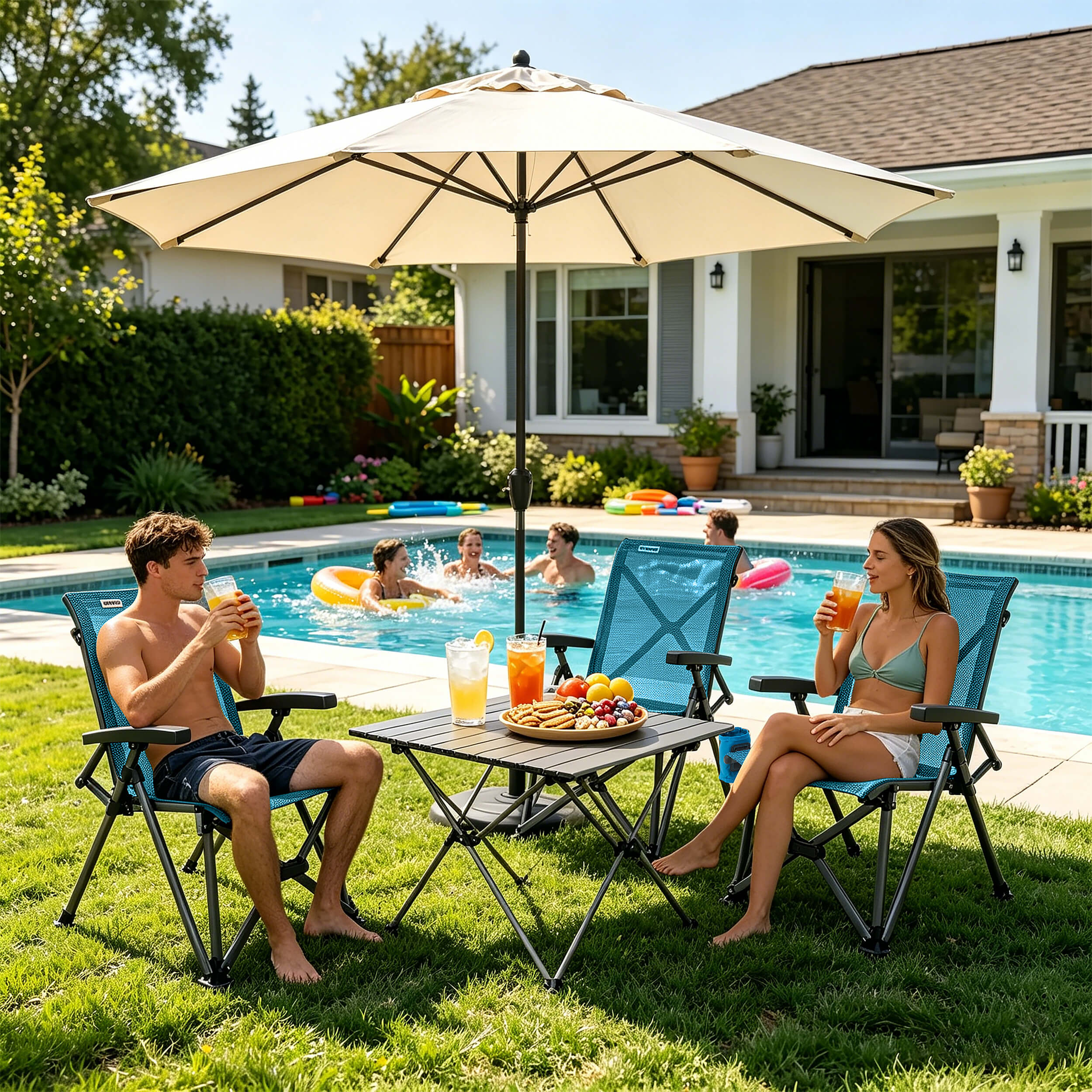 People enjoying a sunny day by a pool with chairs, table, and umbrella.