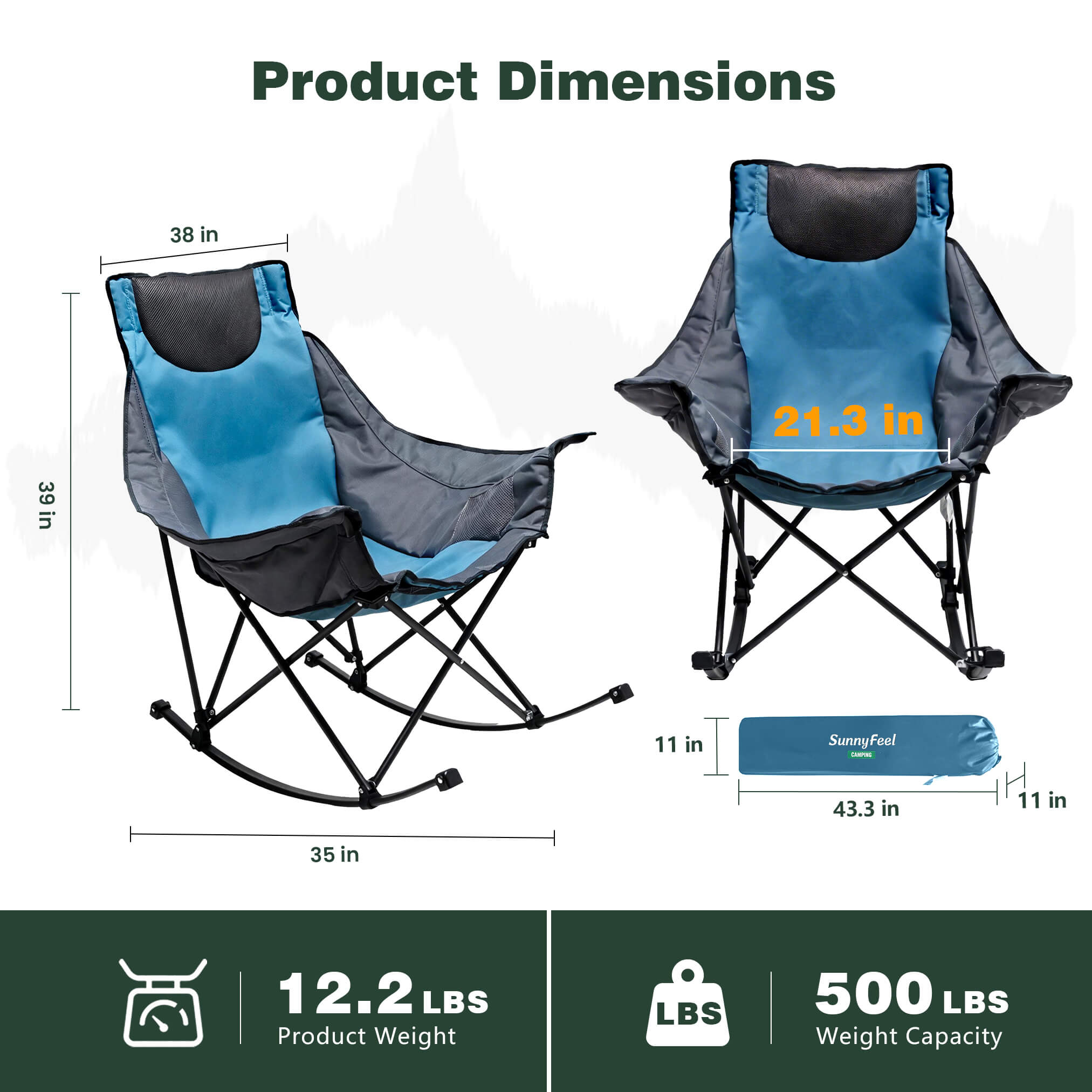 Camping chair with dimensions and weight capacity displayed on a white background