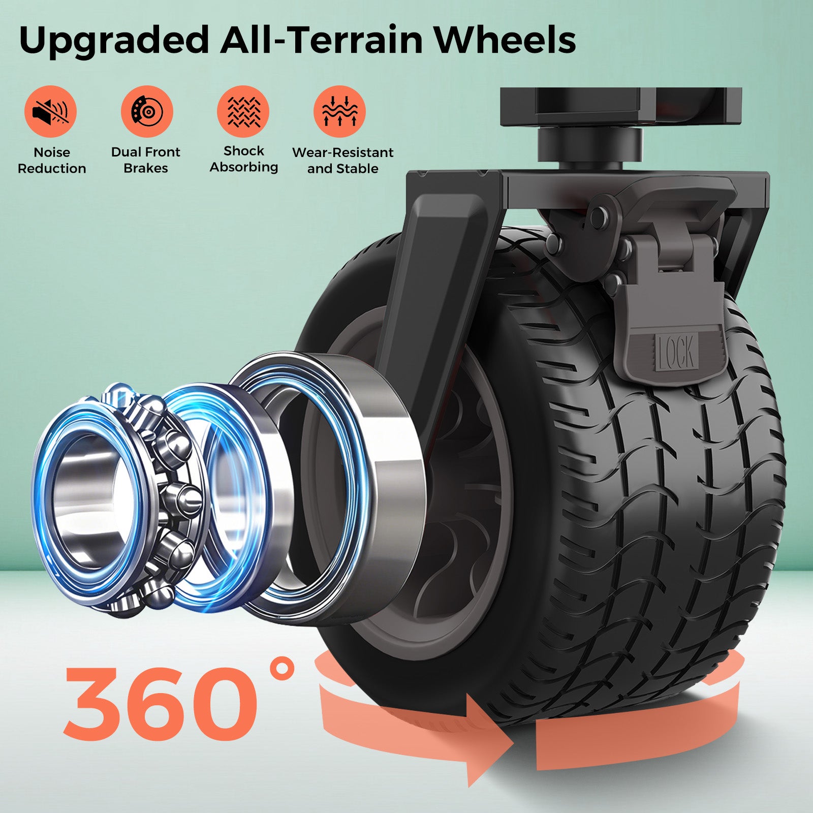 Upgraded all-terrain wheel with features highlighted on a light green background