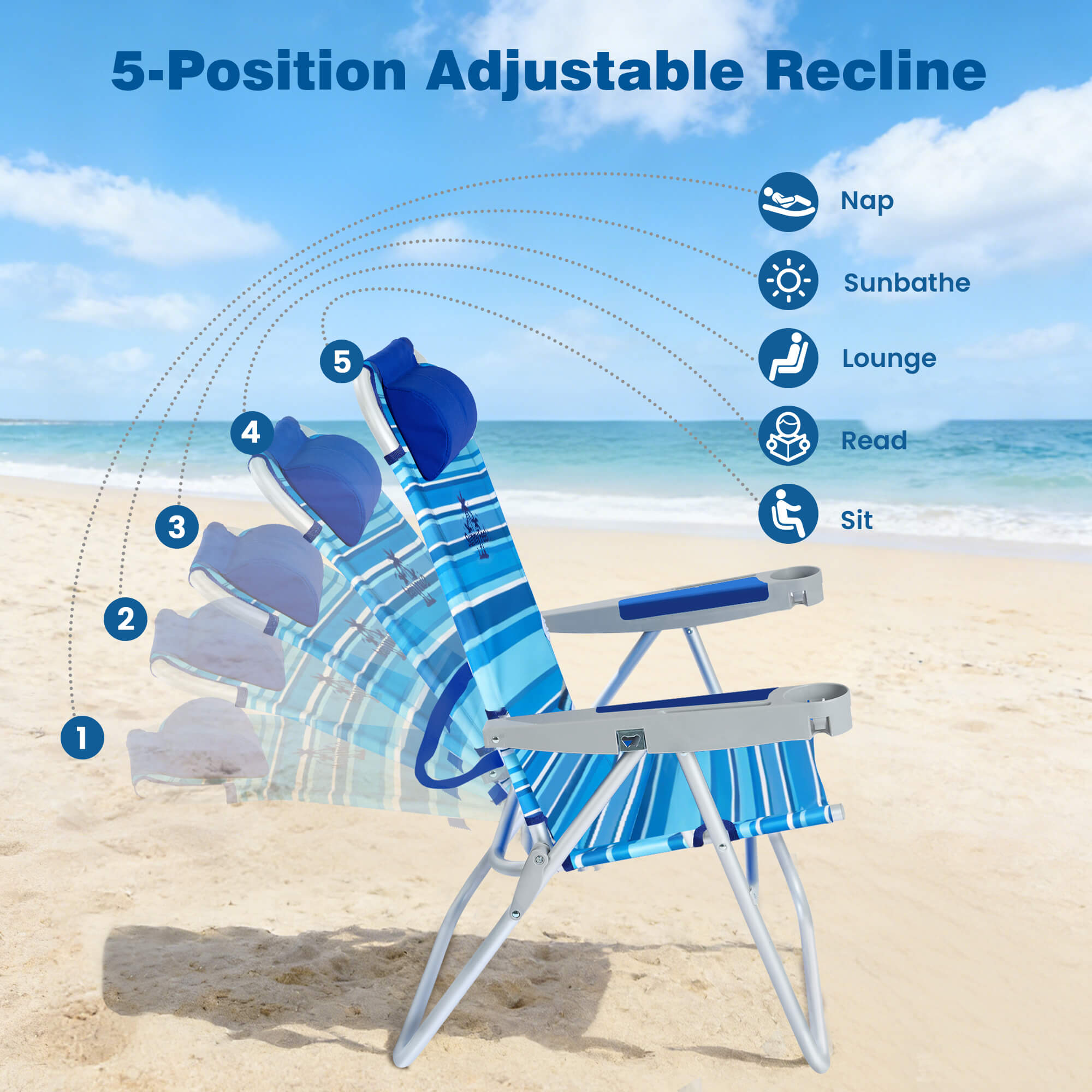 Blue adjustable beach chair on a sandy beach with ocean view