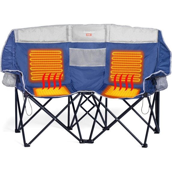 Sunnyfeel Heated Foldable Double Camping Chair, Outdoor Portable Loveseat Chair, Heavy Duty Folding Lawn Chairs with Storage
