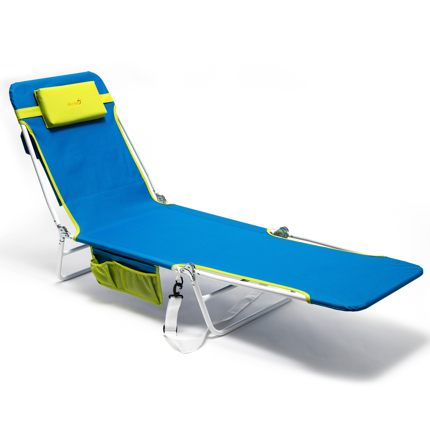 Blue and green lounge chair with cup holder on a white background