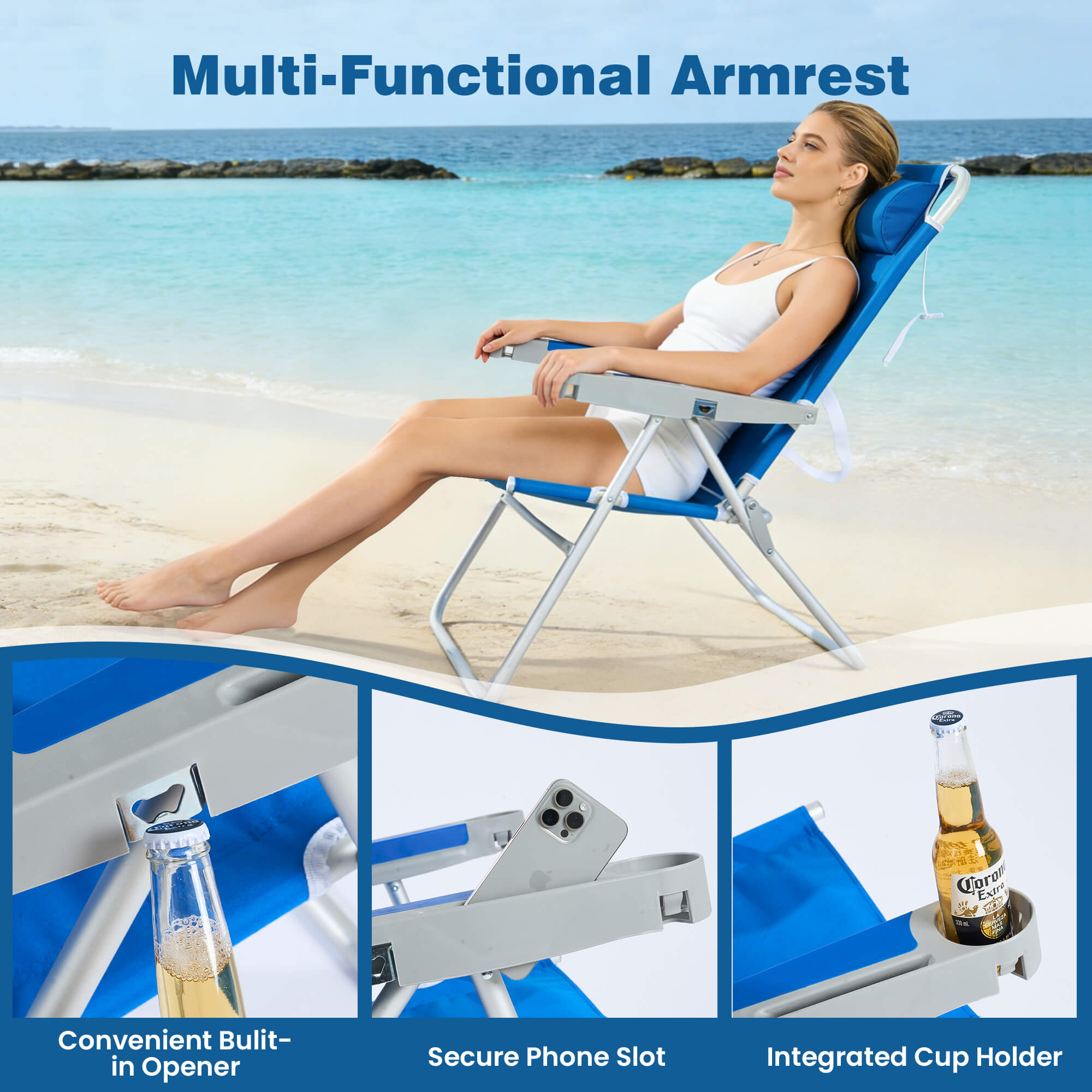 Woman relaxing on a beach chair with multi-functional armrest features.