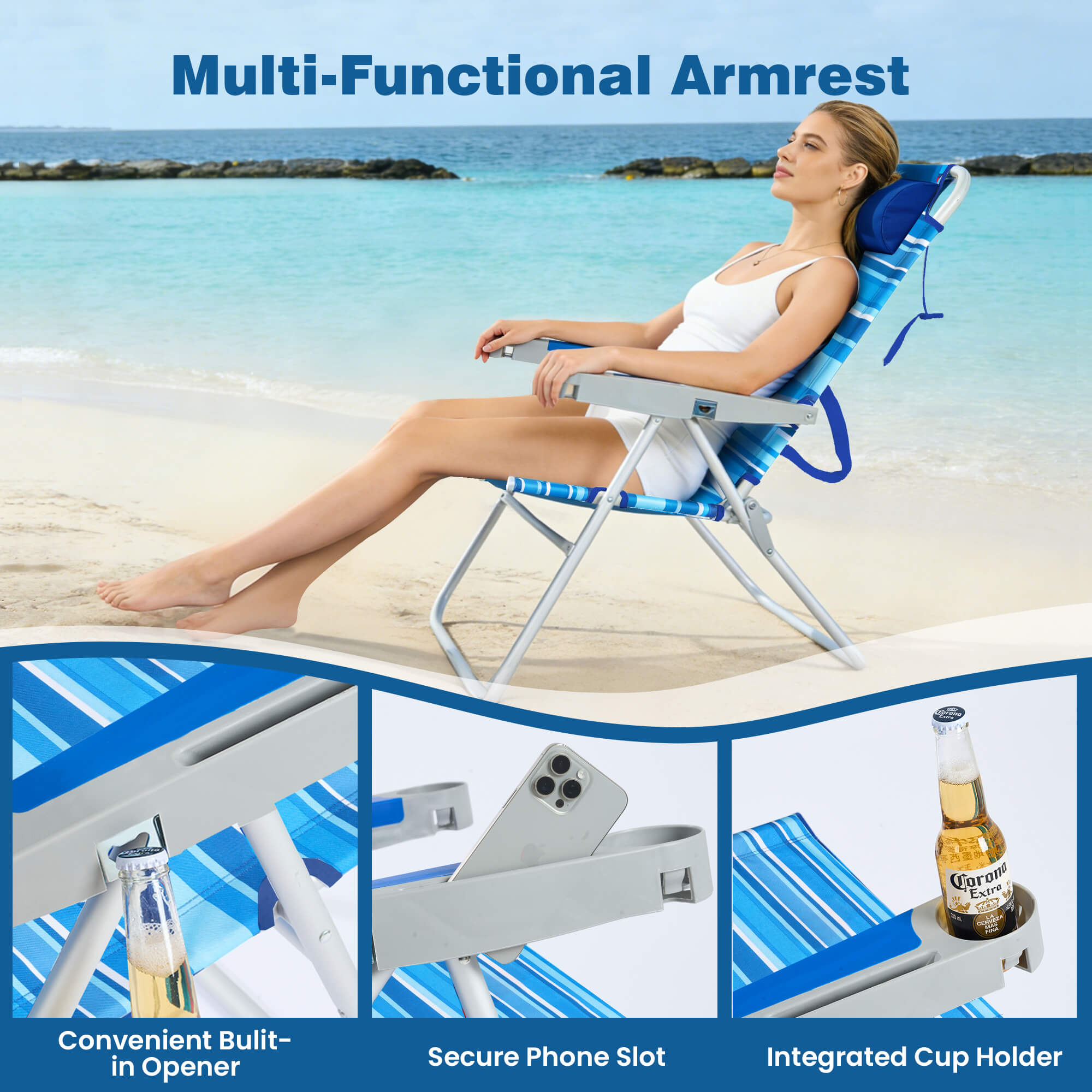Woman relaxing on a beach chair with multi-functional armrest features.