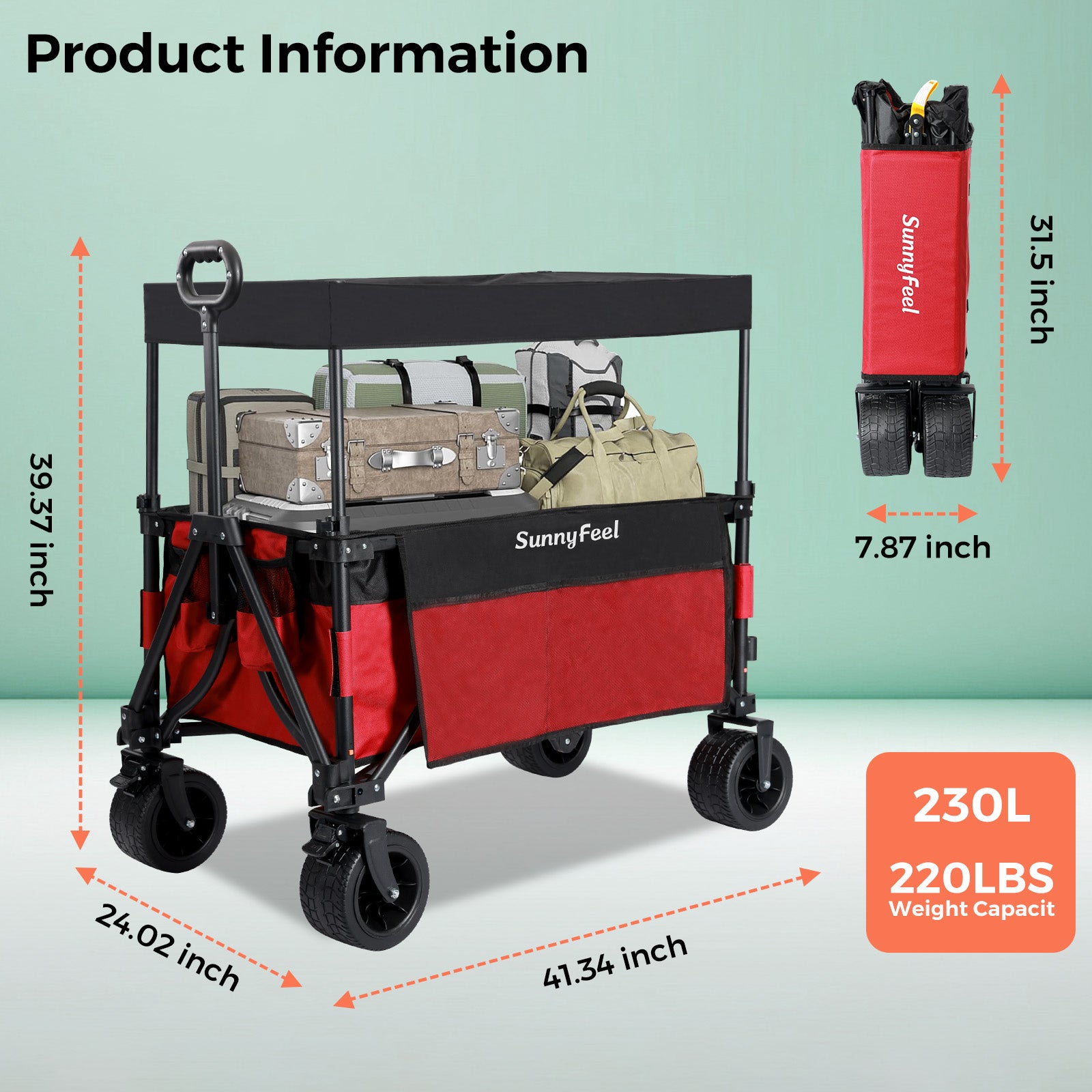 SunnyFeel folding cart with dimensions and capacity details on a light green background