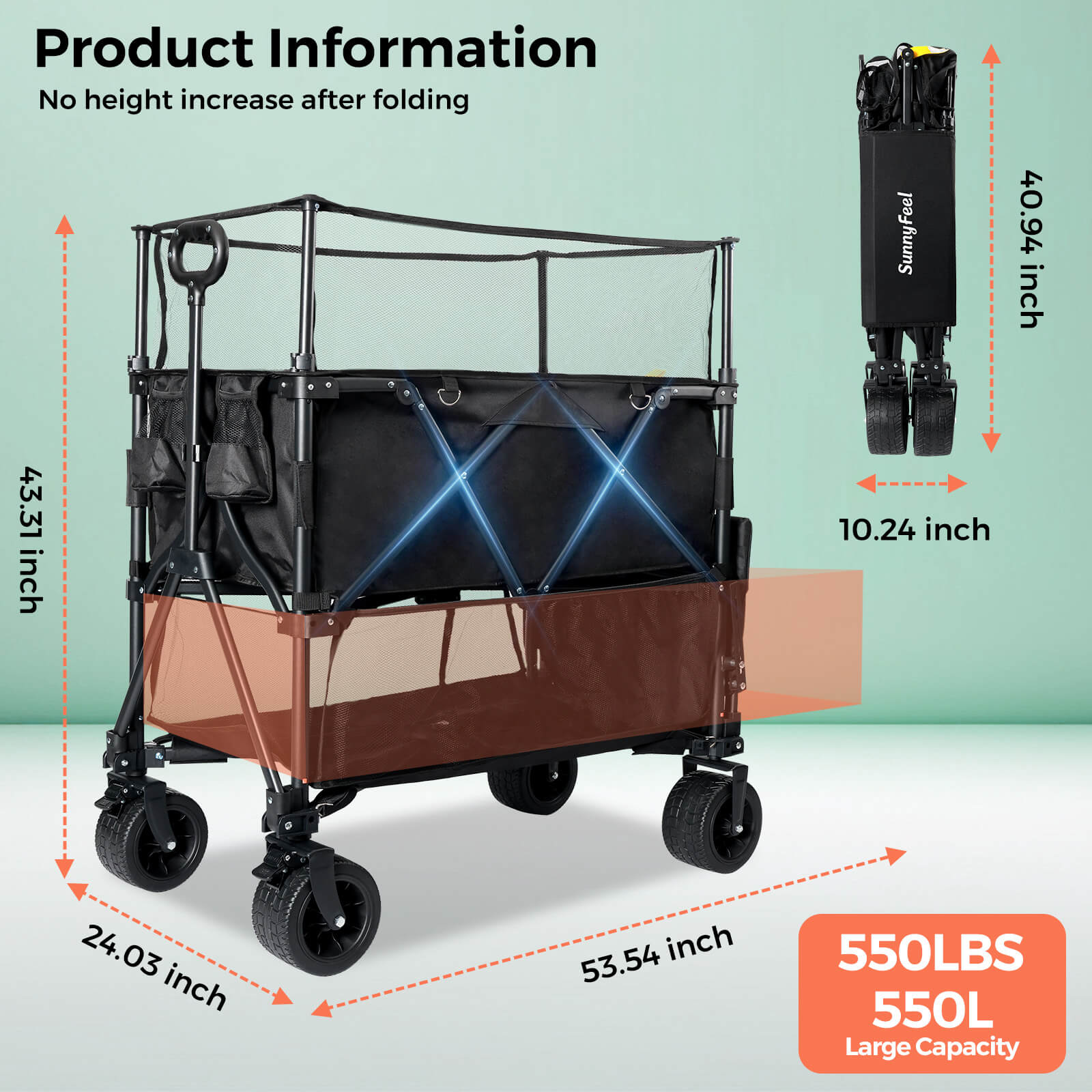 Measurement chart of a folding cart with dimensions and capacity details on a light green background.