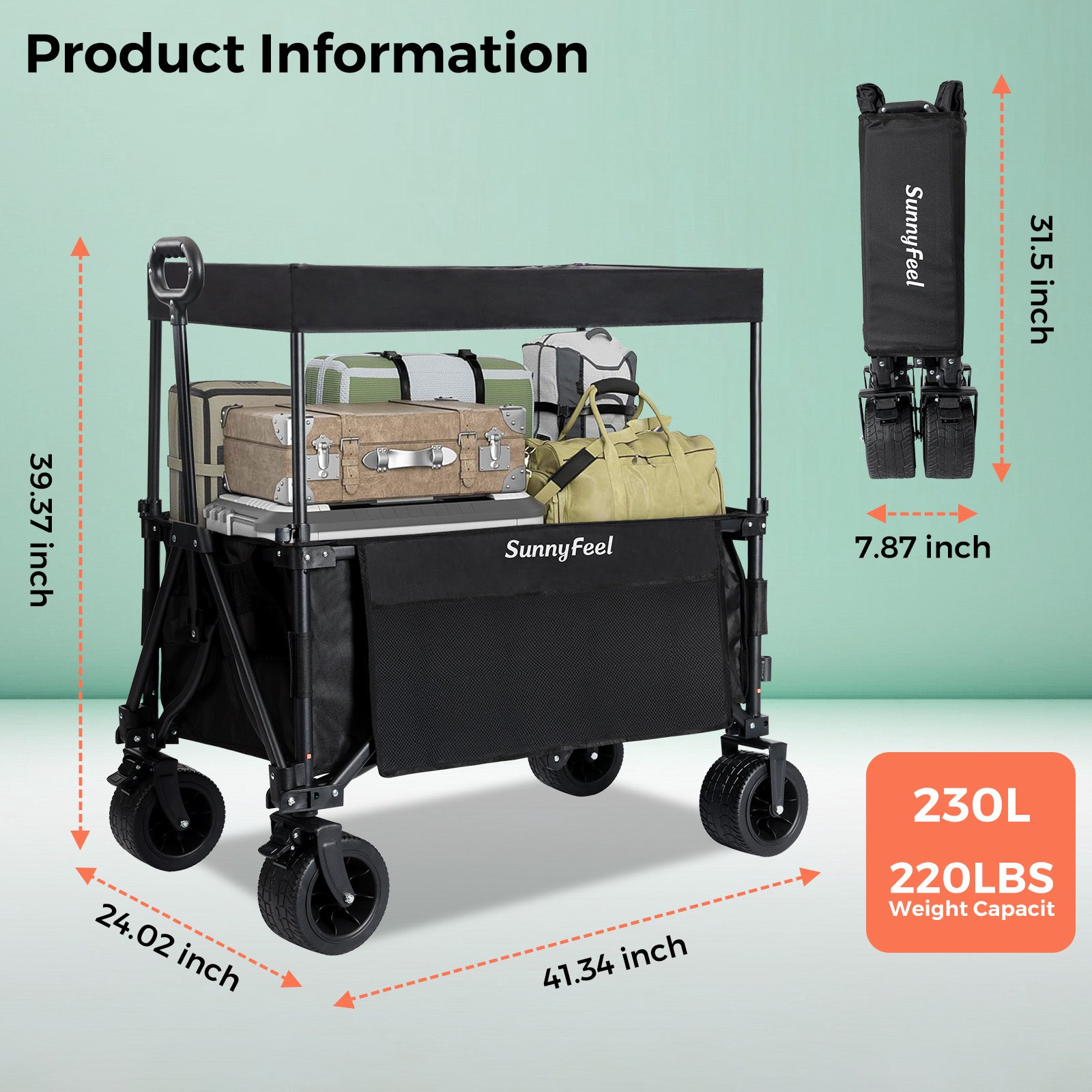 Black folding cart with measurements and product information on a light green background