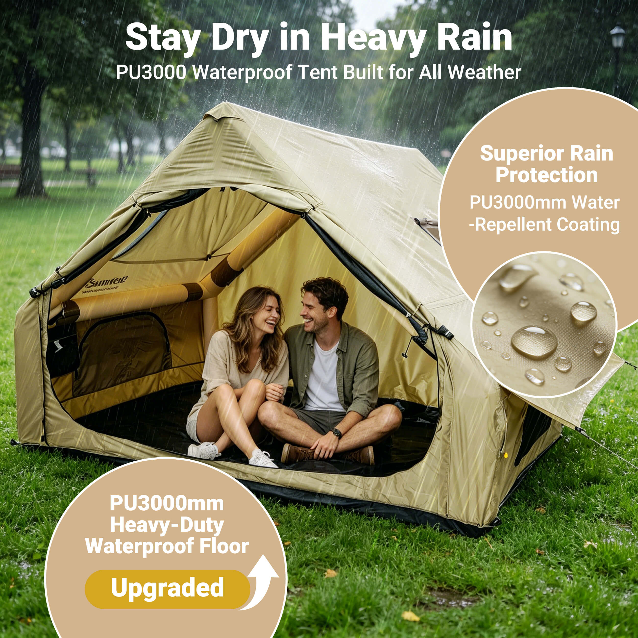 Two people sitting inside a beige waterproof tent with raindrops on the roof, surrounded by greenery.