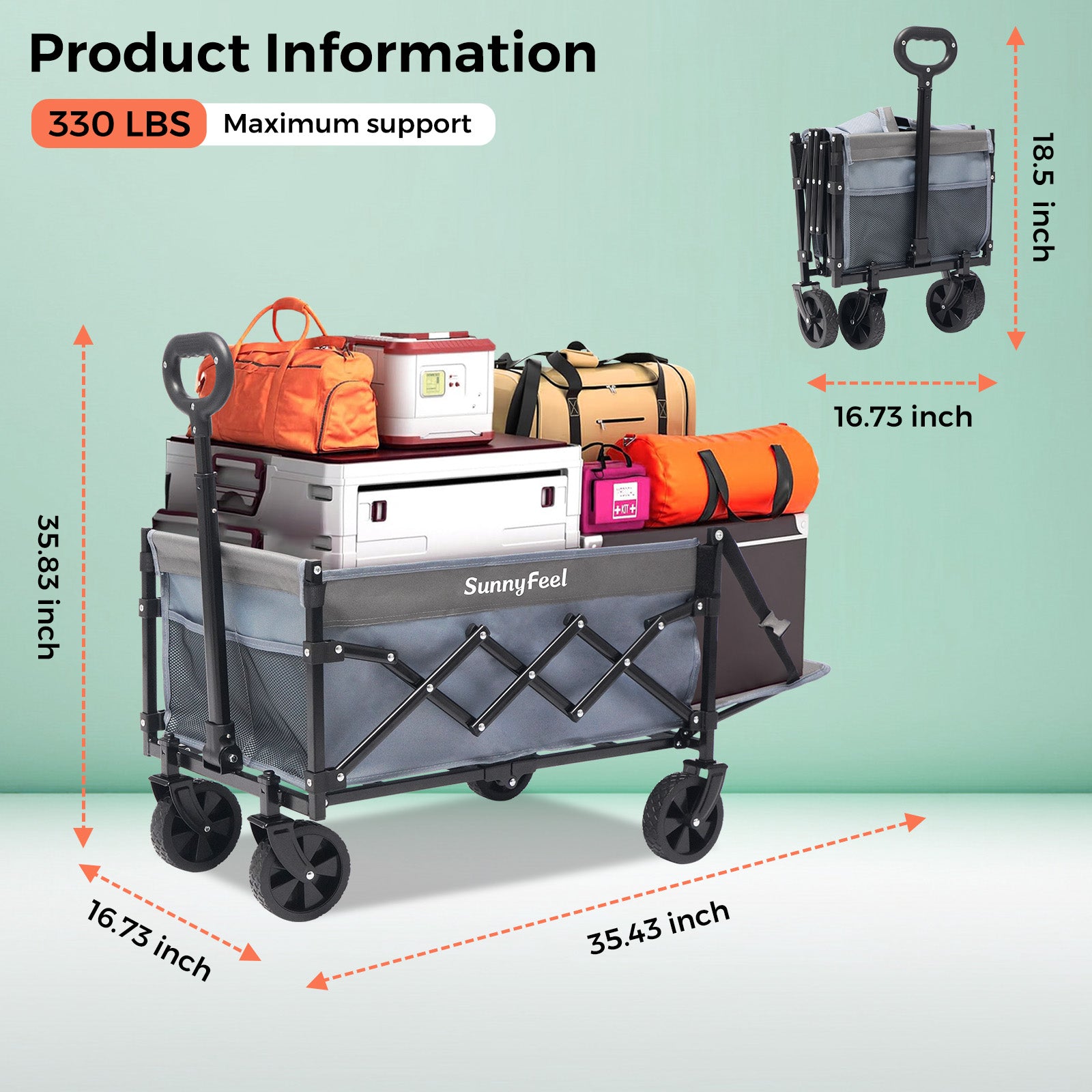SUNNYFEEL Extra-Long 49” Foldable Utility Wagon – Heavy-Duty 550lb Collapsible Cart with Big Wheels