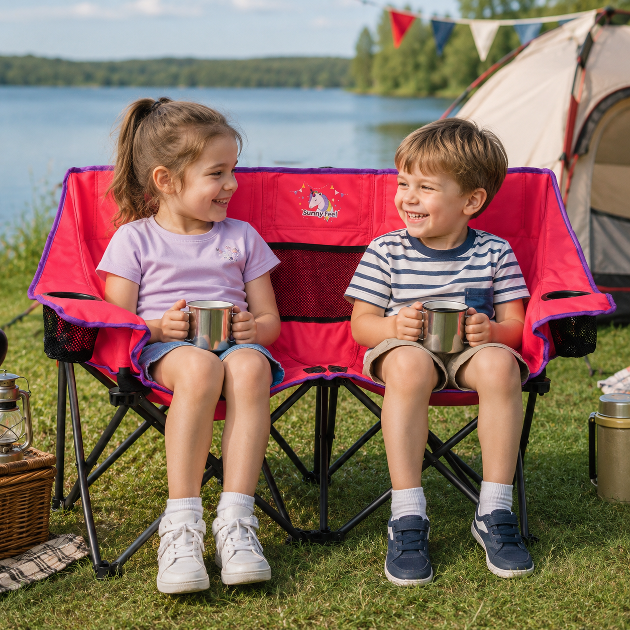 Two kids sitting on a pink SunnyFeel 2-seat folding camping chair with cup holders at a campsite