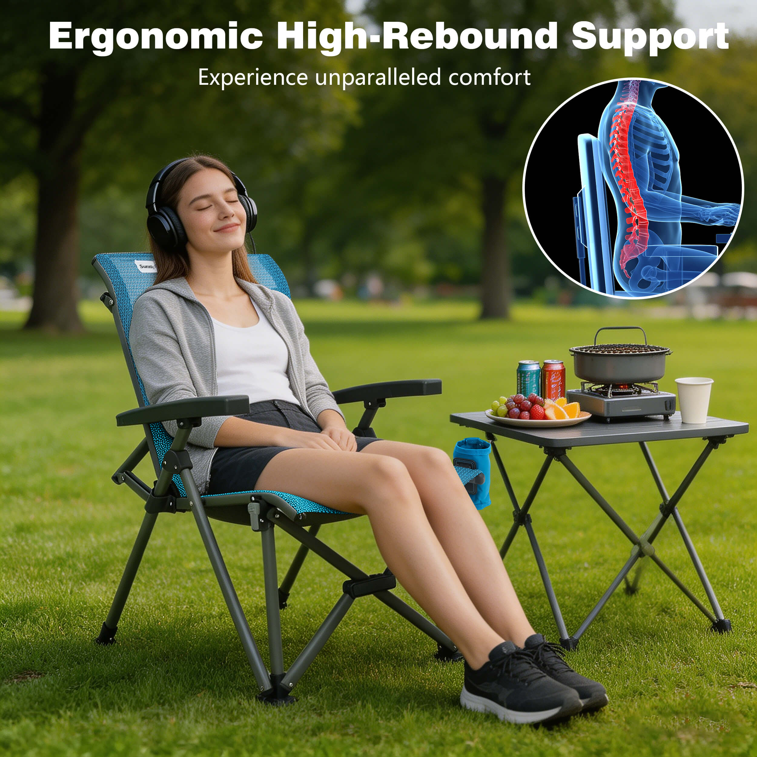 Person sitting in a camping chair with ergonomic high-rebound support, enjoying a picnic in a park.