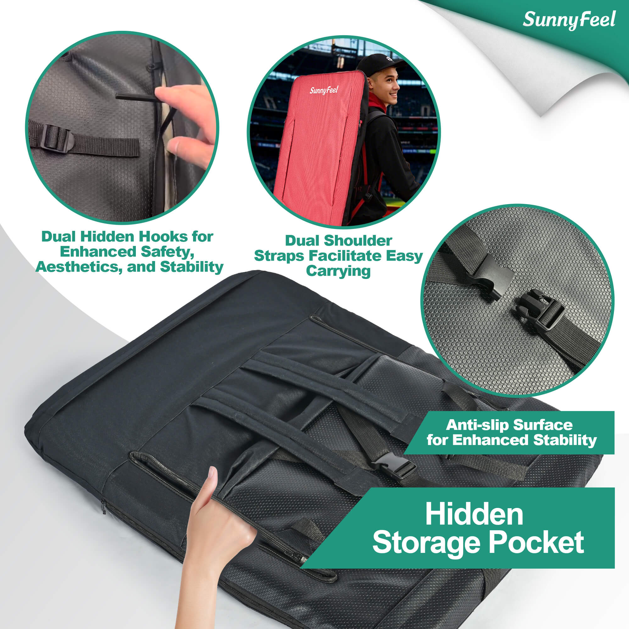 Black carrying case with features highlighted, including hooks, straps, and a storage pocket, on a white background.