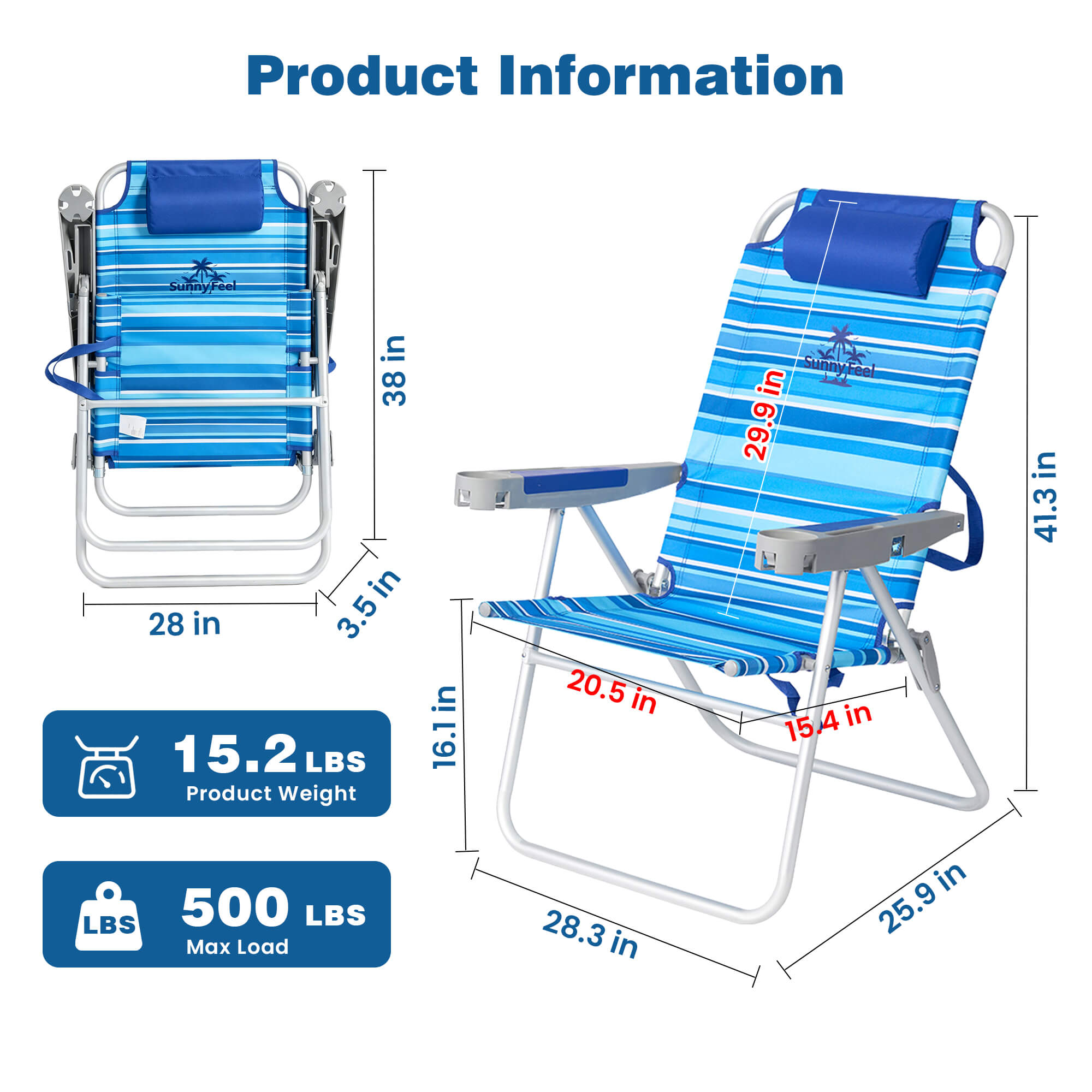 Blue striped folding chair with dimensions and product information on a white background