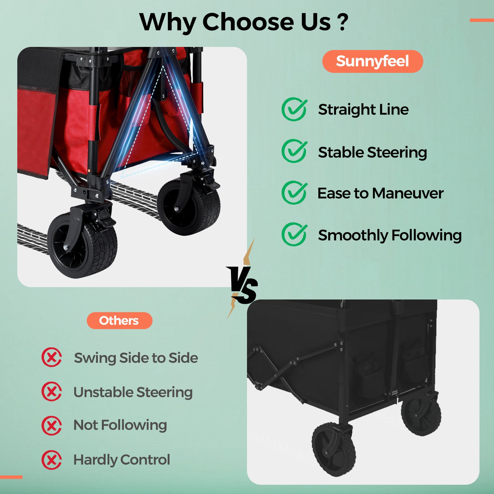 Comparison of Sunnyfeel and other cart designs with features listed on a light green background.