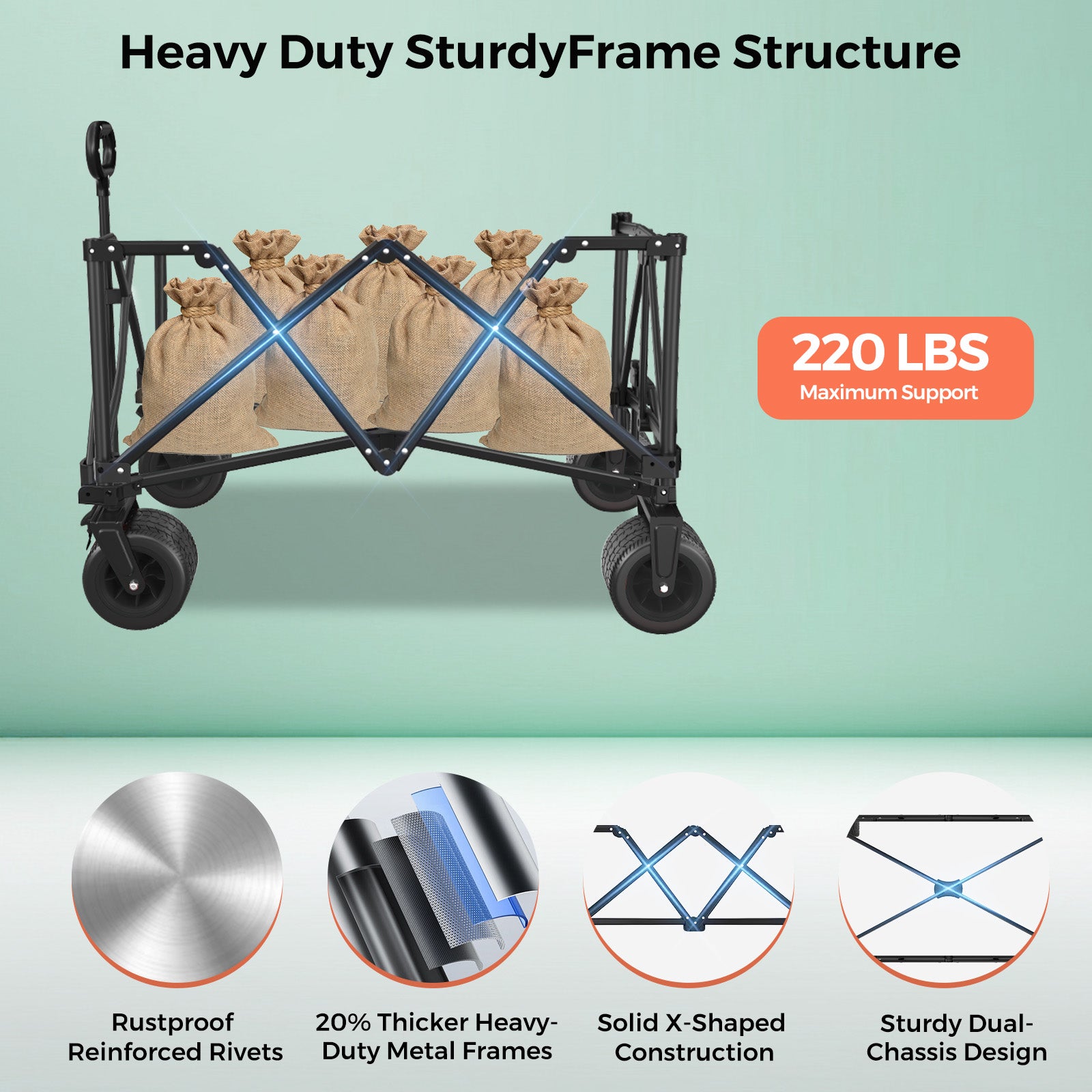Heavy-duty folding cart with capacity and structural features highlighted on a light green background