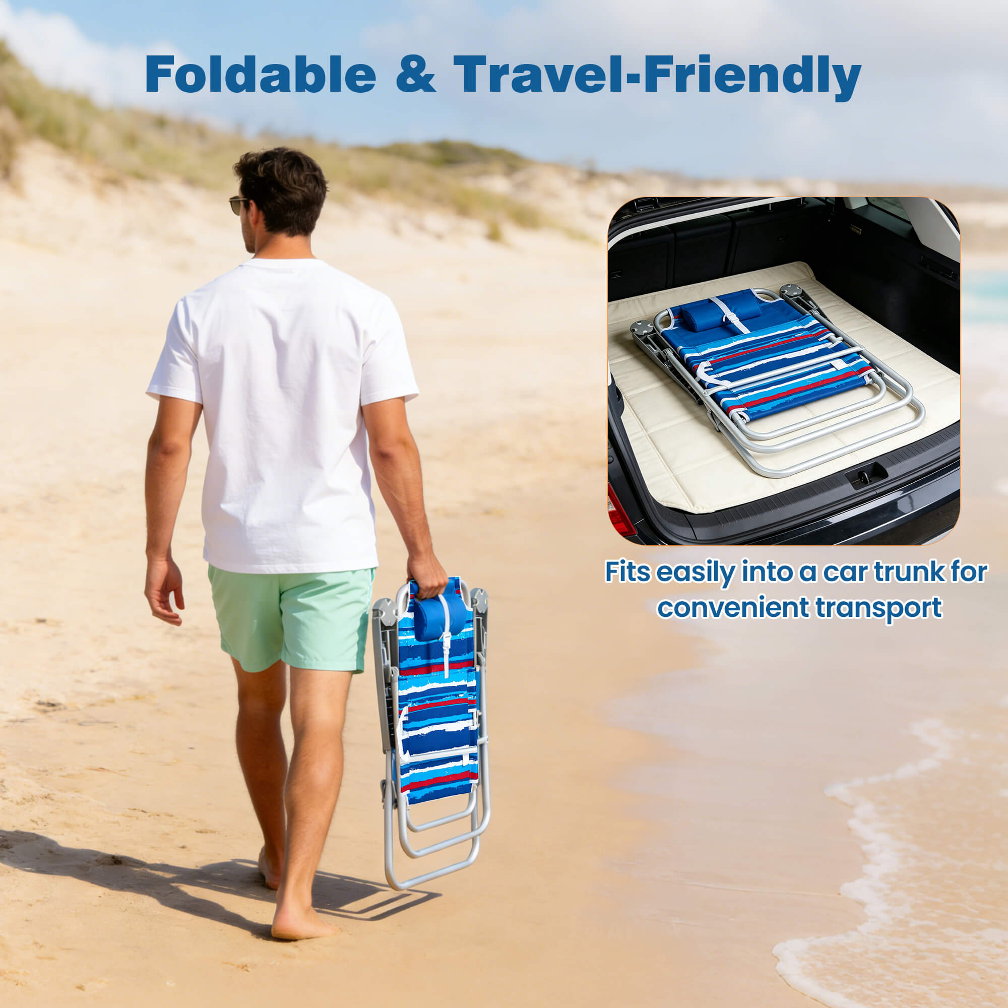 Man carrying a foldable beach chair on a sandy beach with an inset showing it fitting into a car trunk.