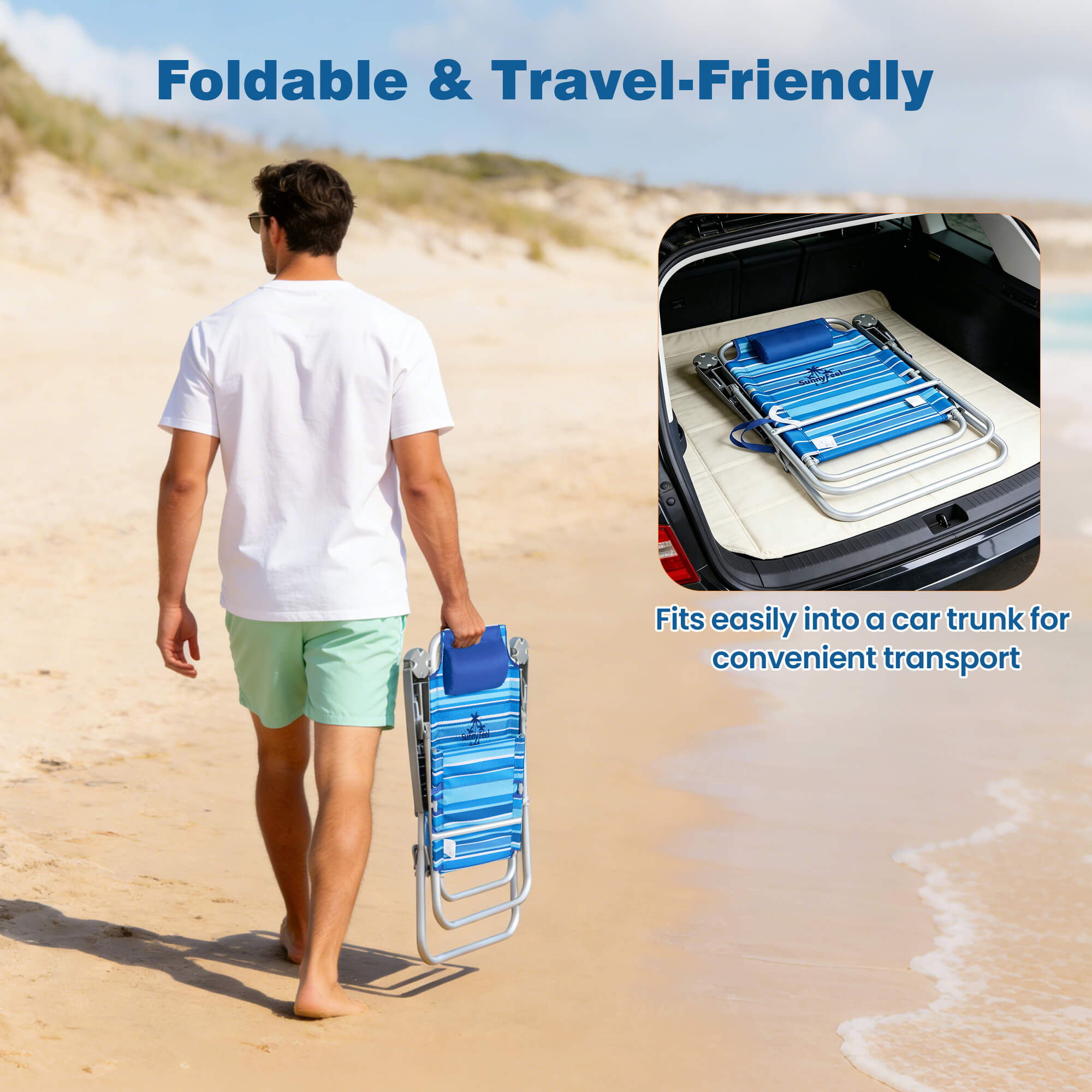 Man walking on a beach with a foldable chair, inset showing car trunk with folded chair.