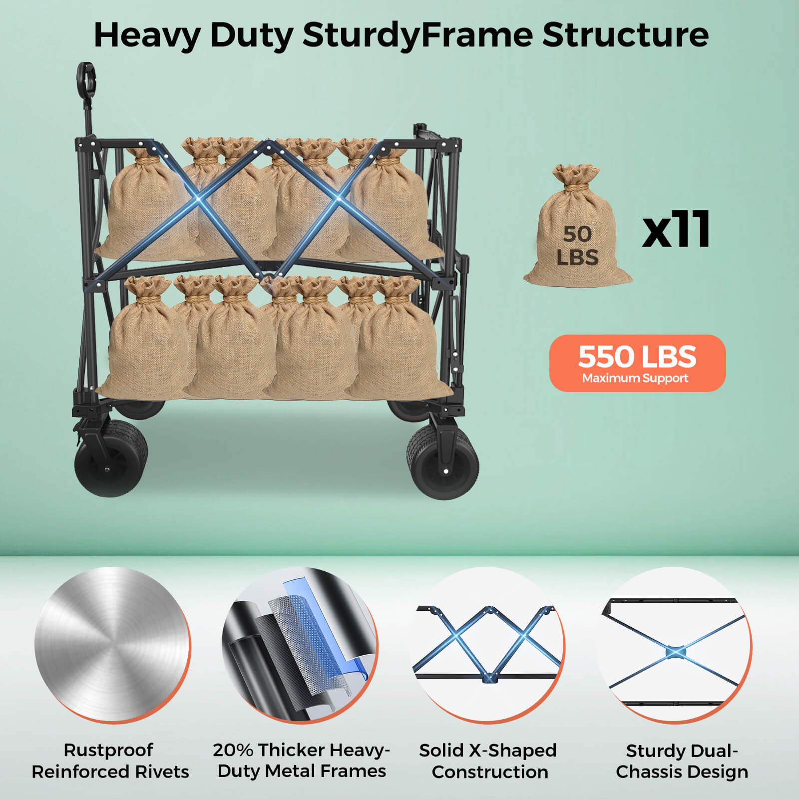 Heavy-duty folding cart with burlap bags and specifications on a light green background