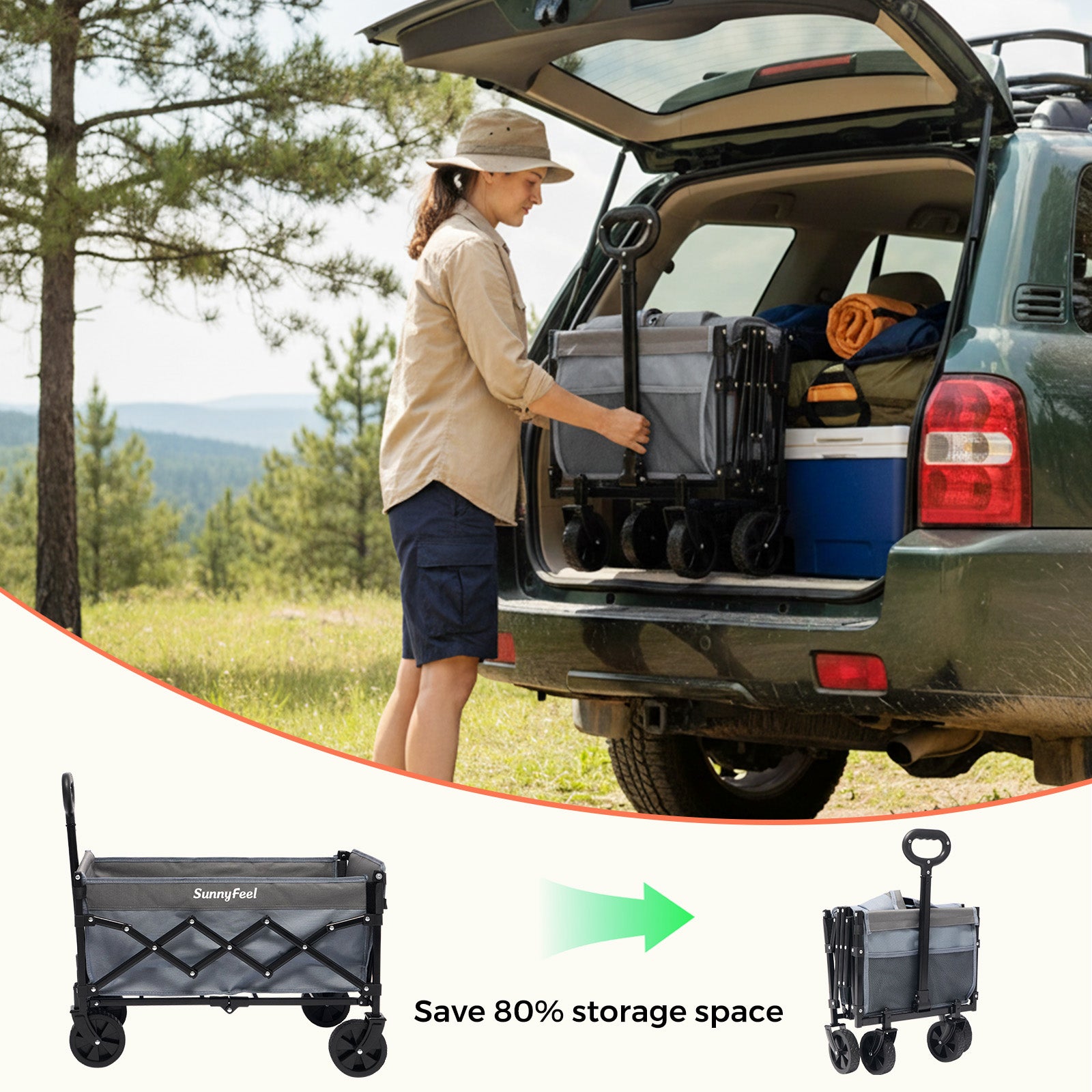 SUNNYFEEL Extra-Long 49” Foldable Utility Wagon – Heavy-Duty 550lb Collapsible Cart with Big Wheels