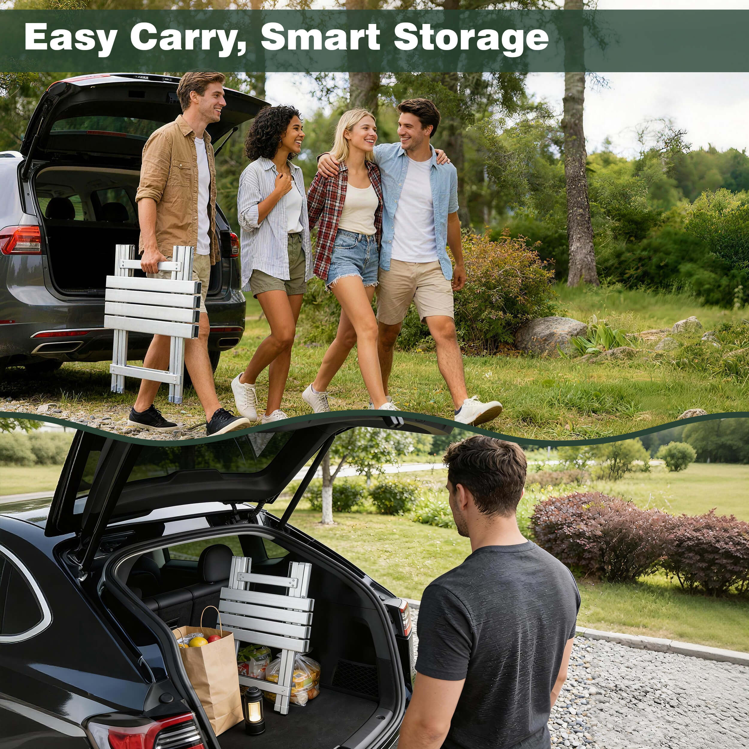 People using a portable storage solution on a car roof with text 'Easy Carry, Smart Storage'.
