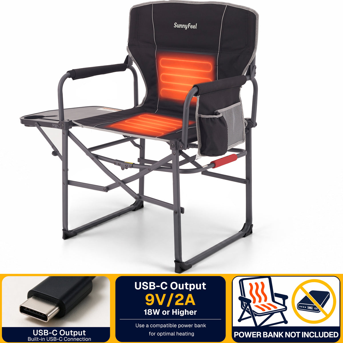 SUNNYFEEL Heating Folding Camping Director Chair with Side Table