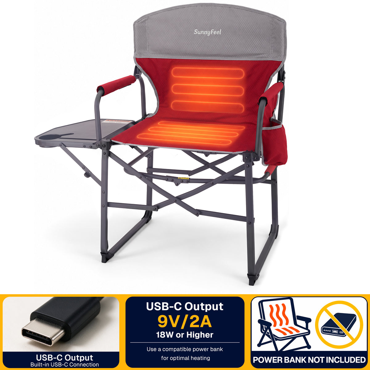 SUNNYFEEL Heating Folding Camping Director Chair with Side Table