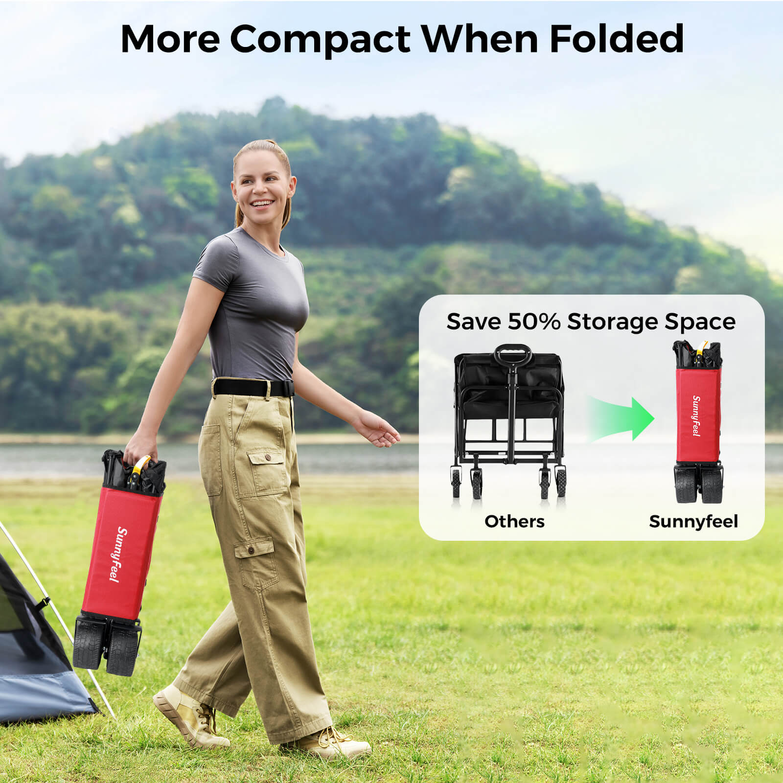 Woman holding a red and black Sunnyfeel folding cart with a scenic background