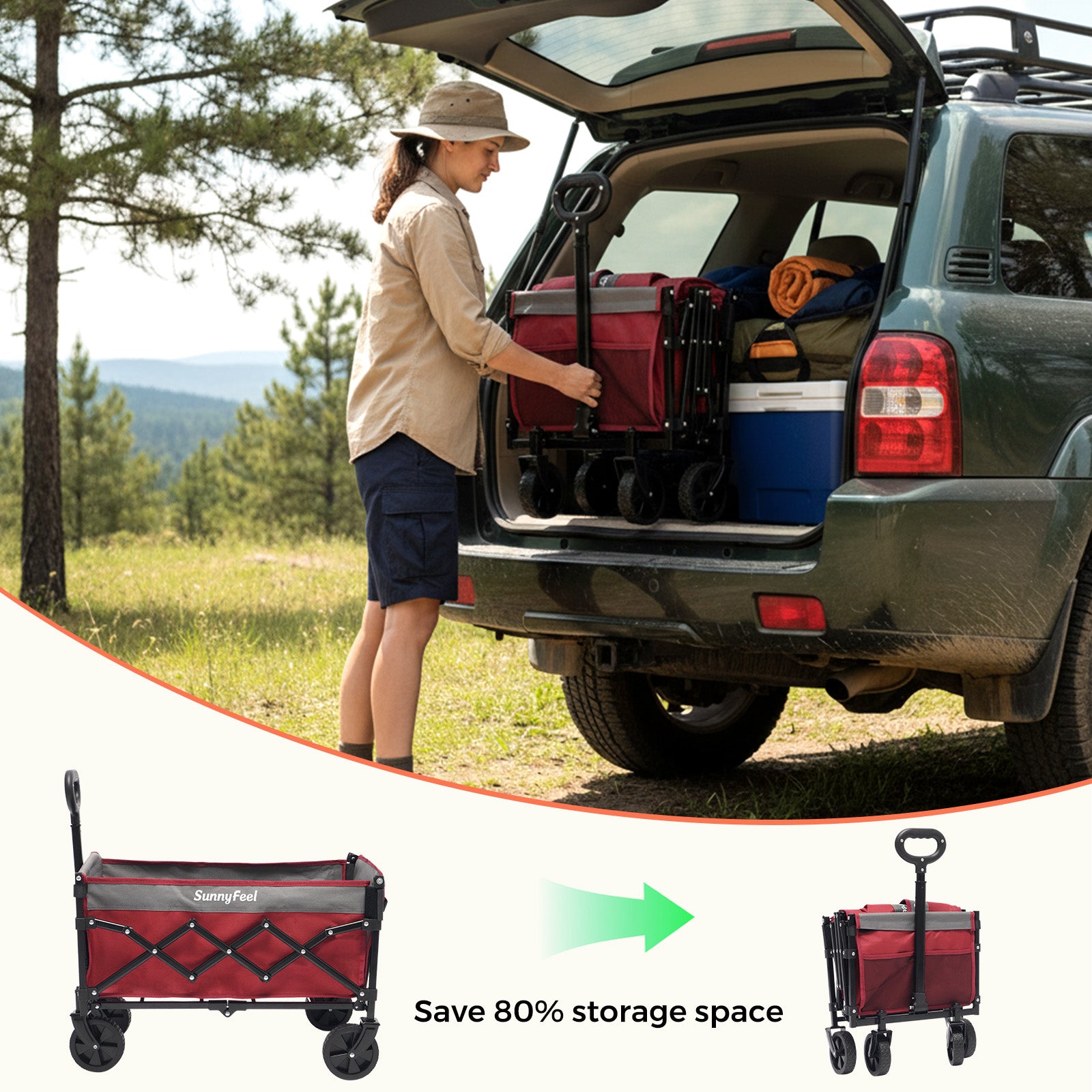 SUNNYFEEL Extra-Long 49” Foldable Utility Wagon – Heavy-Duty 550lb Collapsible Cart with Big Wheels