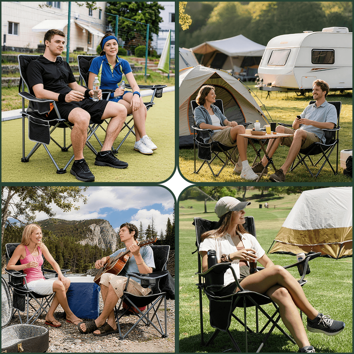 Collage of people using camping chairs in various outdoor settings with trailers and scenic backgrounds.