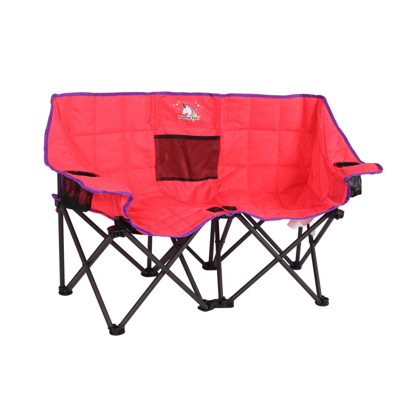 SunnyFeel red 2-seat folding camping chair with black steel frame and mesh storage pockets
