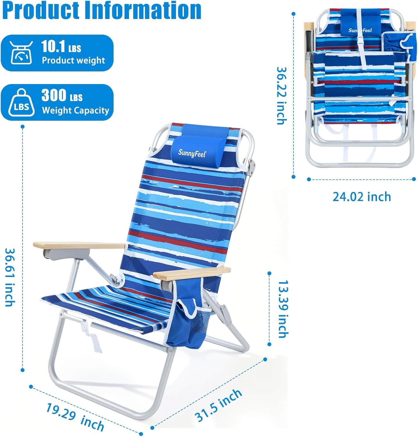 Blue striped folding beach chair with measurements and product information on a white background