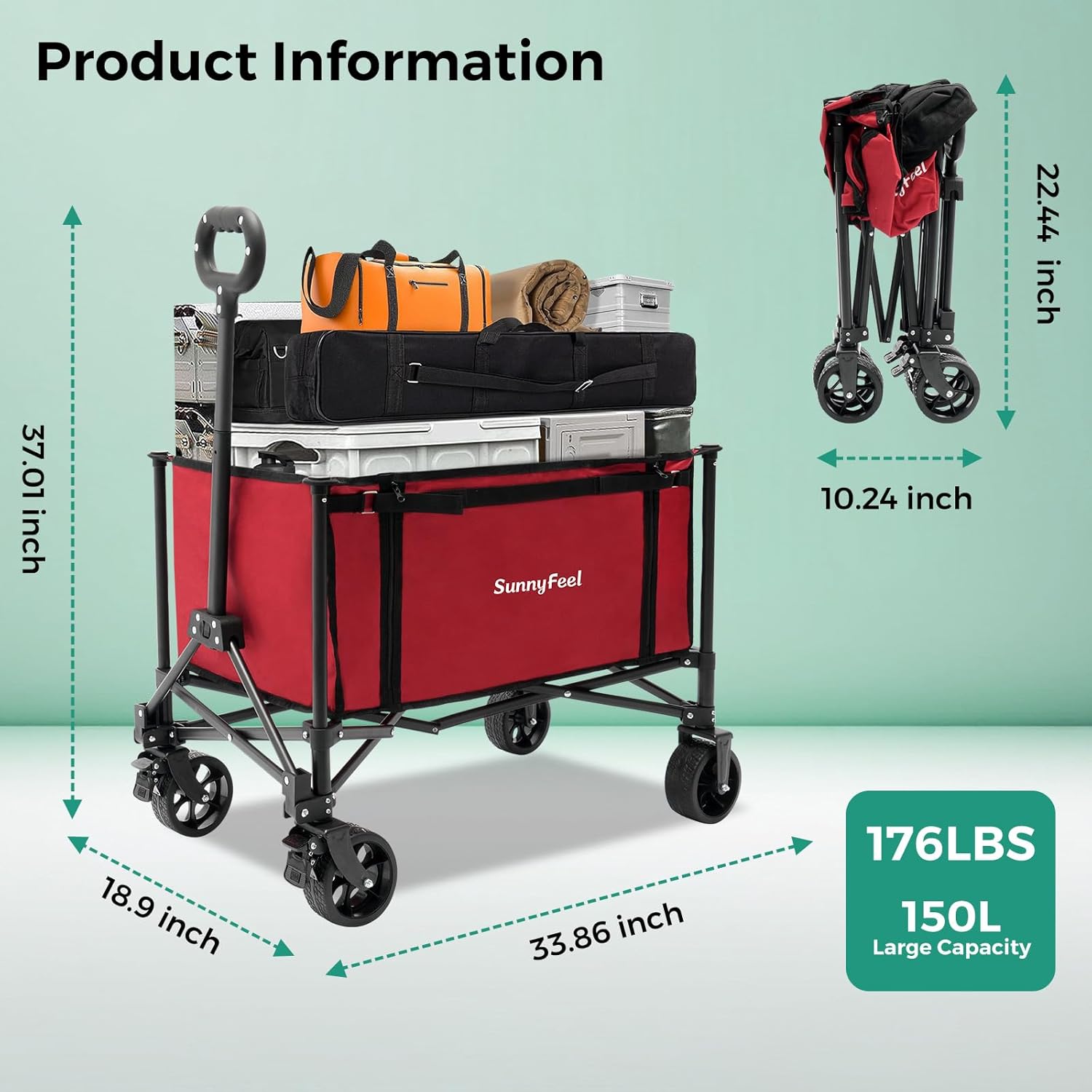 Red SunnyFeel wagon with dimensions and capacity details on a light green background