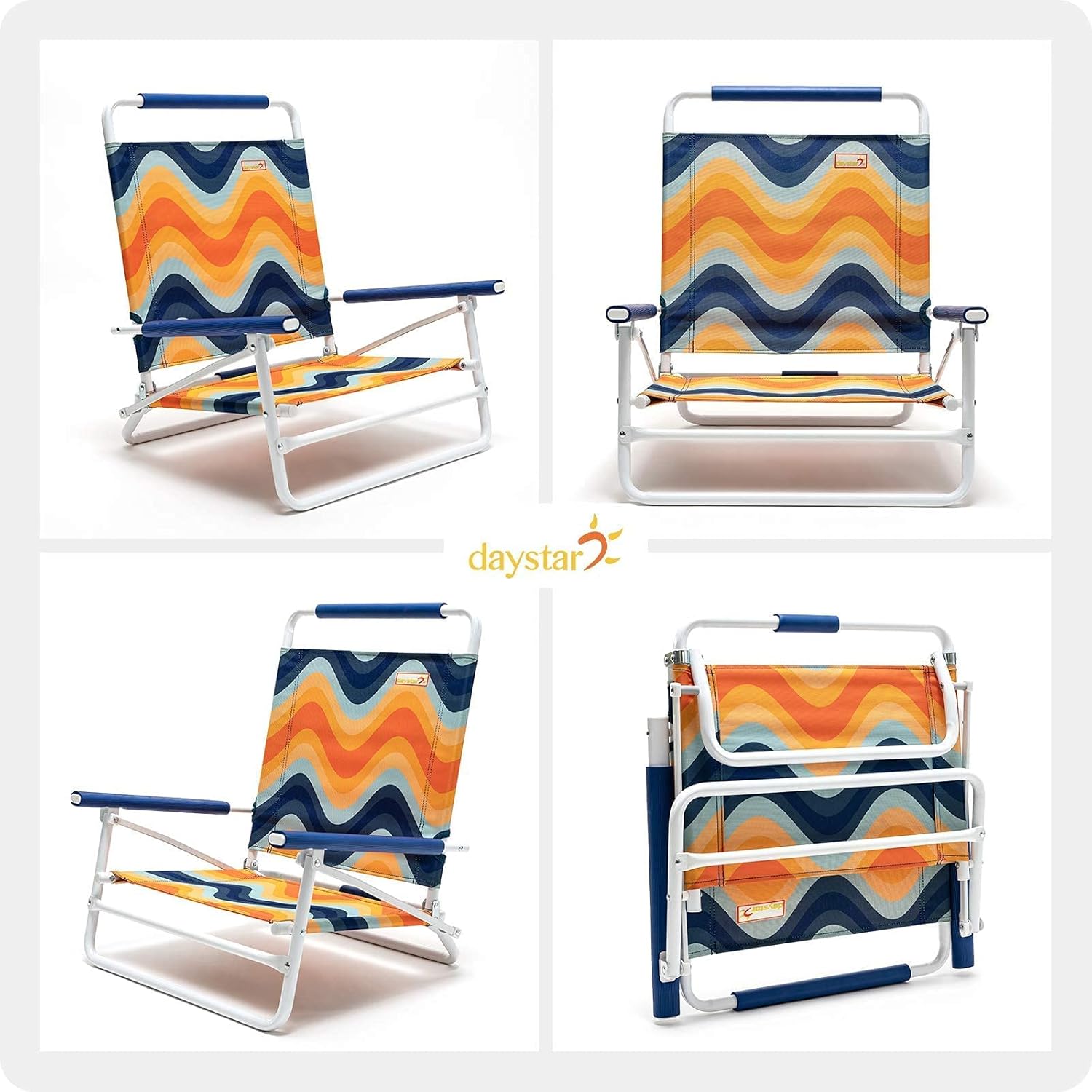 Foldable beach chair with colorful pattern on a white background, featuring the Daystar brand.